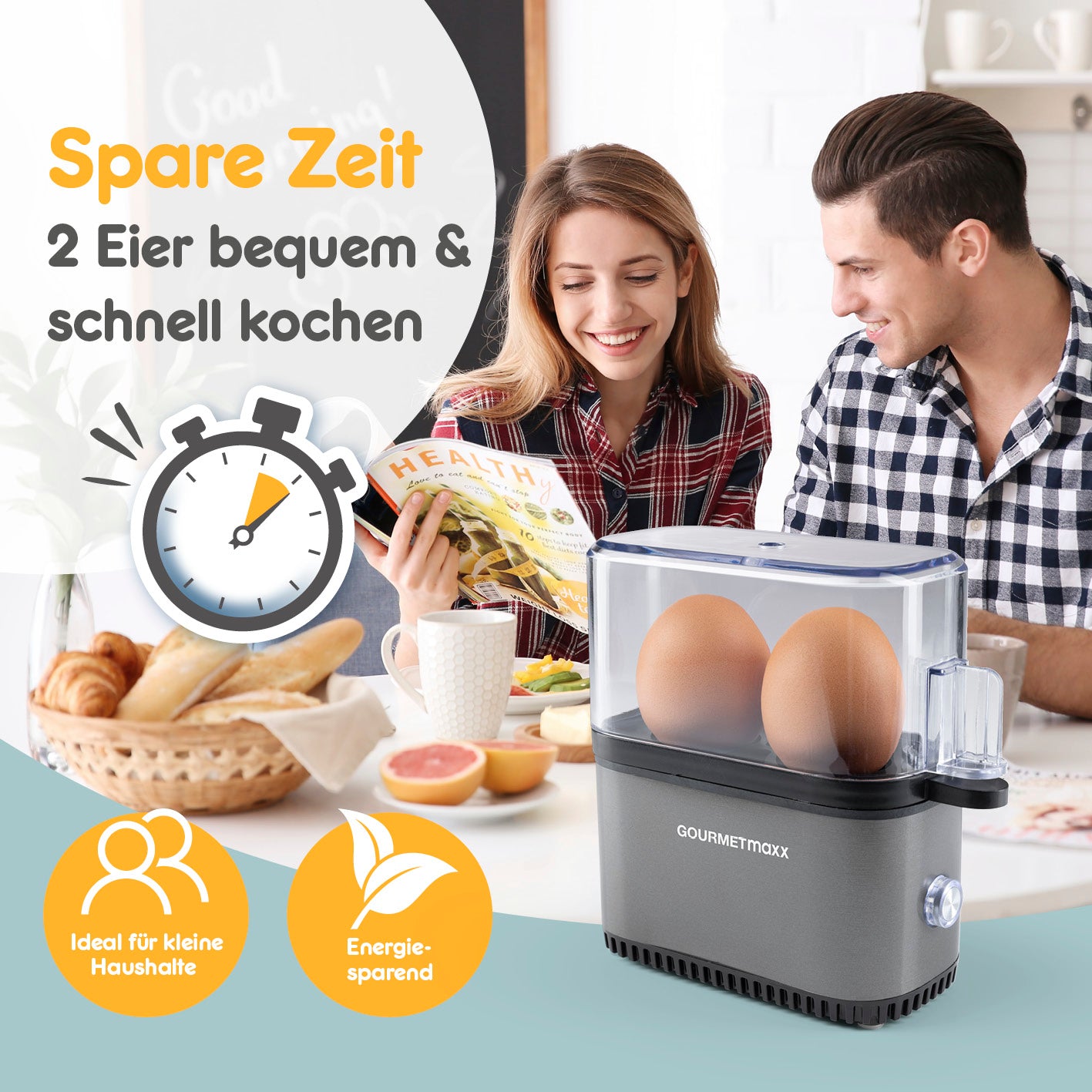Design-Eierkocher 2 Eier - Anthrazit zum schnellen und platzsparenden Eierkochen für kleine Haushalte und unterwegs.