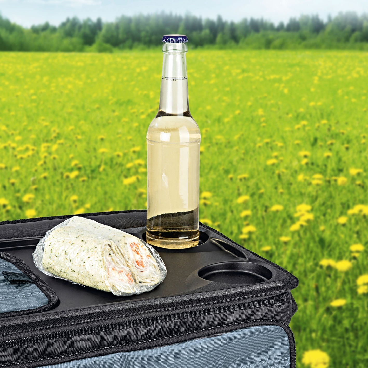 Kühltasche faltbar - 30 l - schwarz/dunkelgrau mit Isolierung, praktischem Reißverschluss und Stauraum für Getränke und Snacks.