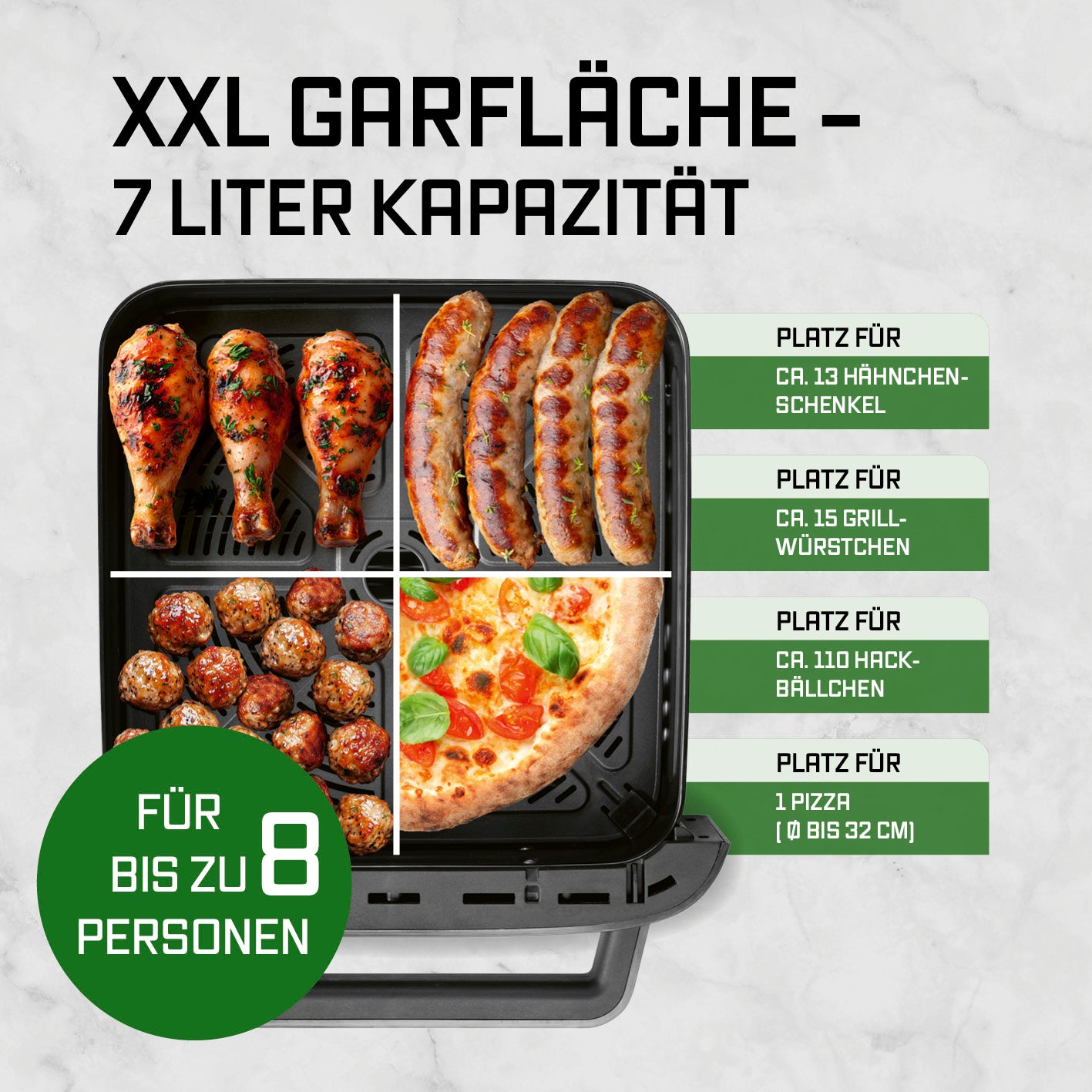 Heißluftfritteuse mit XXL-Garfläche - 7 Liter Fassungsvermögen, geeignet für bis zu 8 Personen.