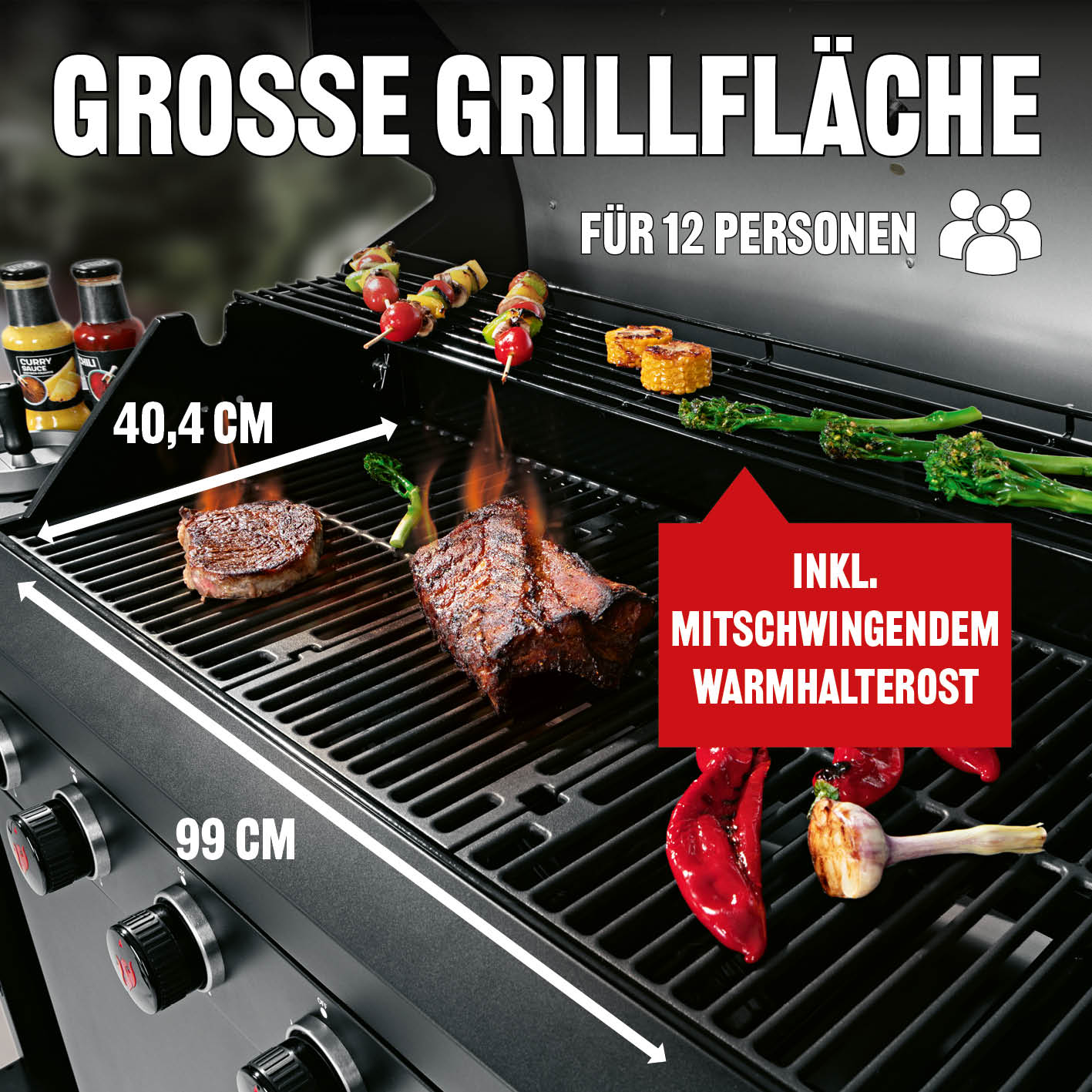 Gasgrill 6.1 mit großer Grillfläche 99x40,4 cm für 12 Personen inklusive mitschwingendem Warmhalterost und mehreren Brennern.