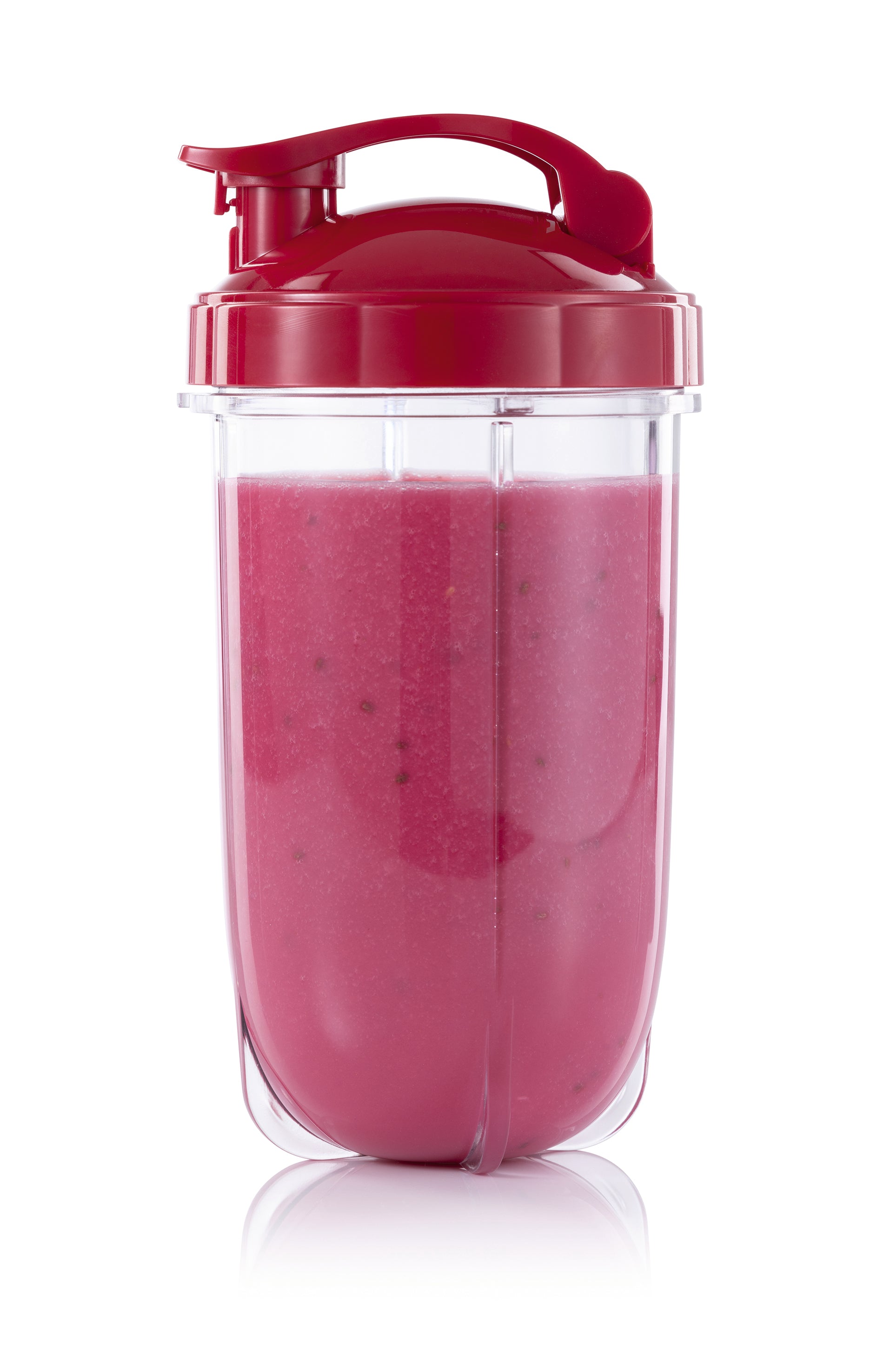Zwei Becher mit rotem Deckel aus dem Zubehörset L für Mr. Magic Power 400 Pro - Rot, gefüllt mit rotem Smoothie.