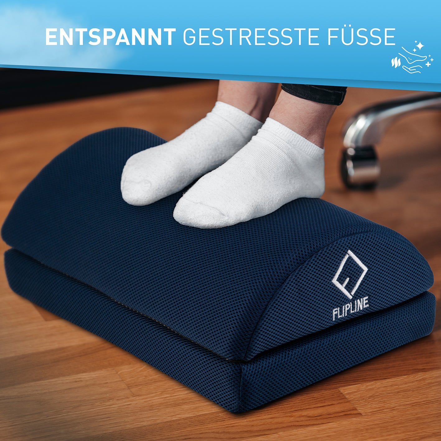 Schreibtisch-Fußstütze Mesh - Blau mit ergonomischem Design und abnehmbarem Netzbezug für entspannte Füße im Büro und Homeoffice.