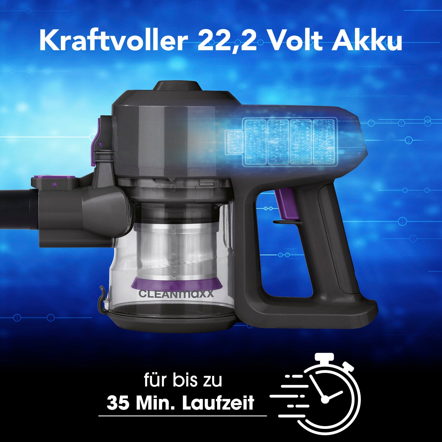 Akku-Zyklonstaubsauger mit 22,2 V Akku, beutelloser Zyklontechnologie und bis zu 35 Min. Laufzeit für flexible Reinigung.