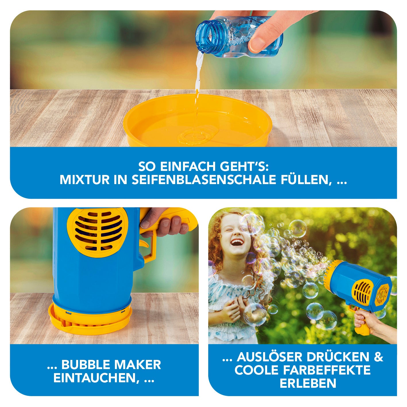 Bubble Maker / Seifenblasengerät zeigt Befüllung, Eintauchen und Auslösen für bunte Seifenblasen mit LED-Effekten.