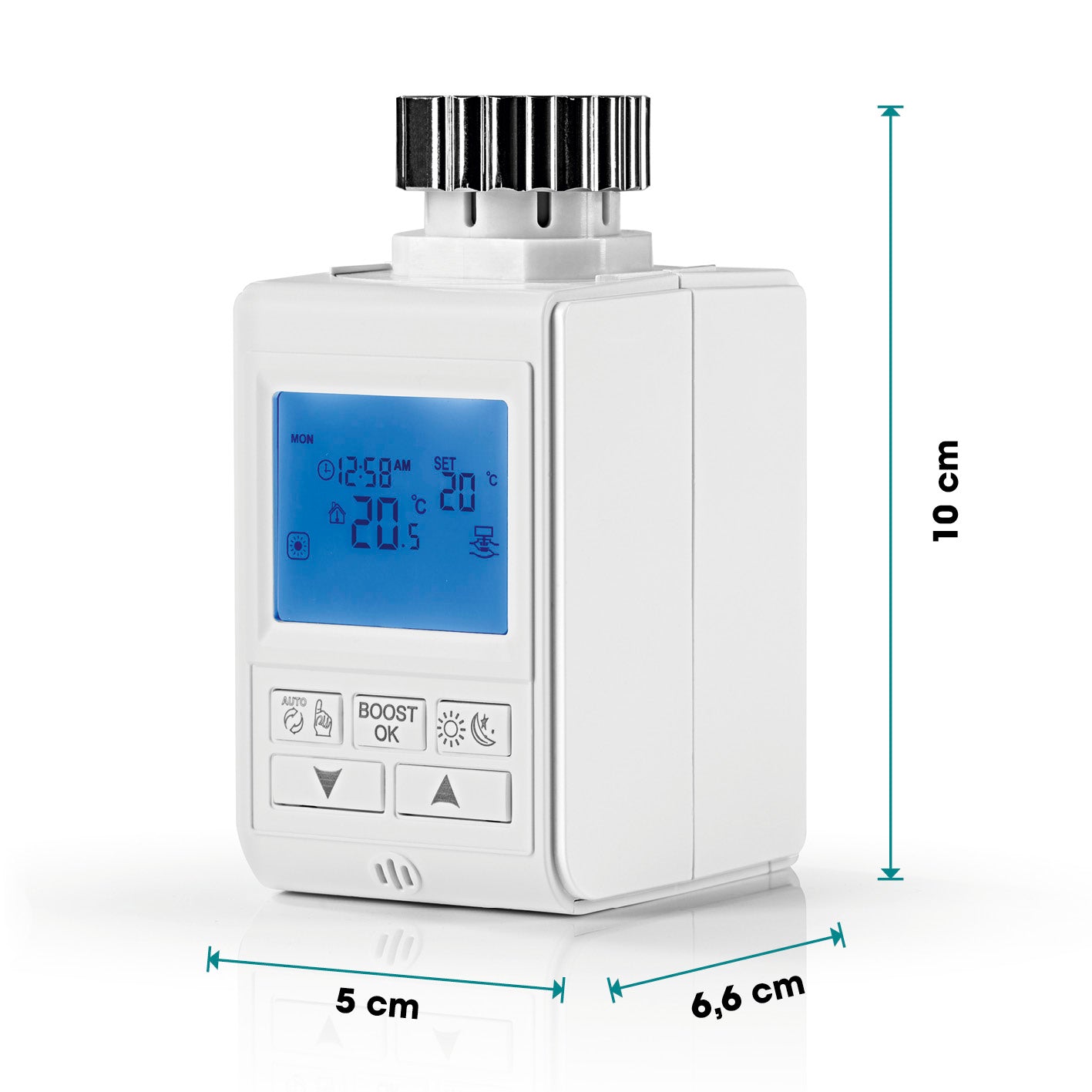 Heizkörperthermostat Digital mit beleuchtetem Display, programmierbar ohne App, 5 Modi, Boost-Funktion und energiesparender Temperaturregelung.