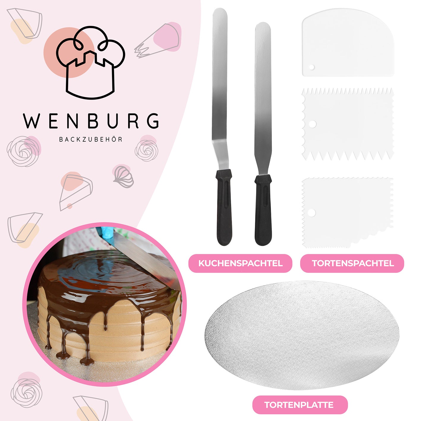 Tortendeko-Set mit drehbarer Tortenplatte inklusive Spachteln, Teigschabern und Tortenplatte für einfaches Dekorieren.