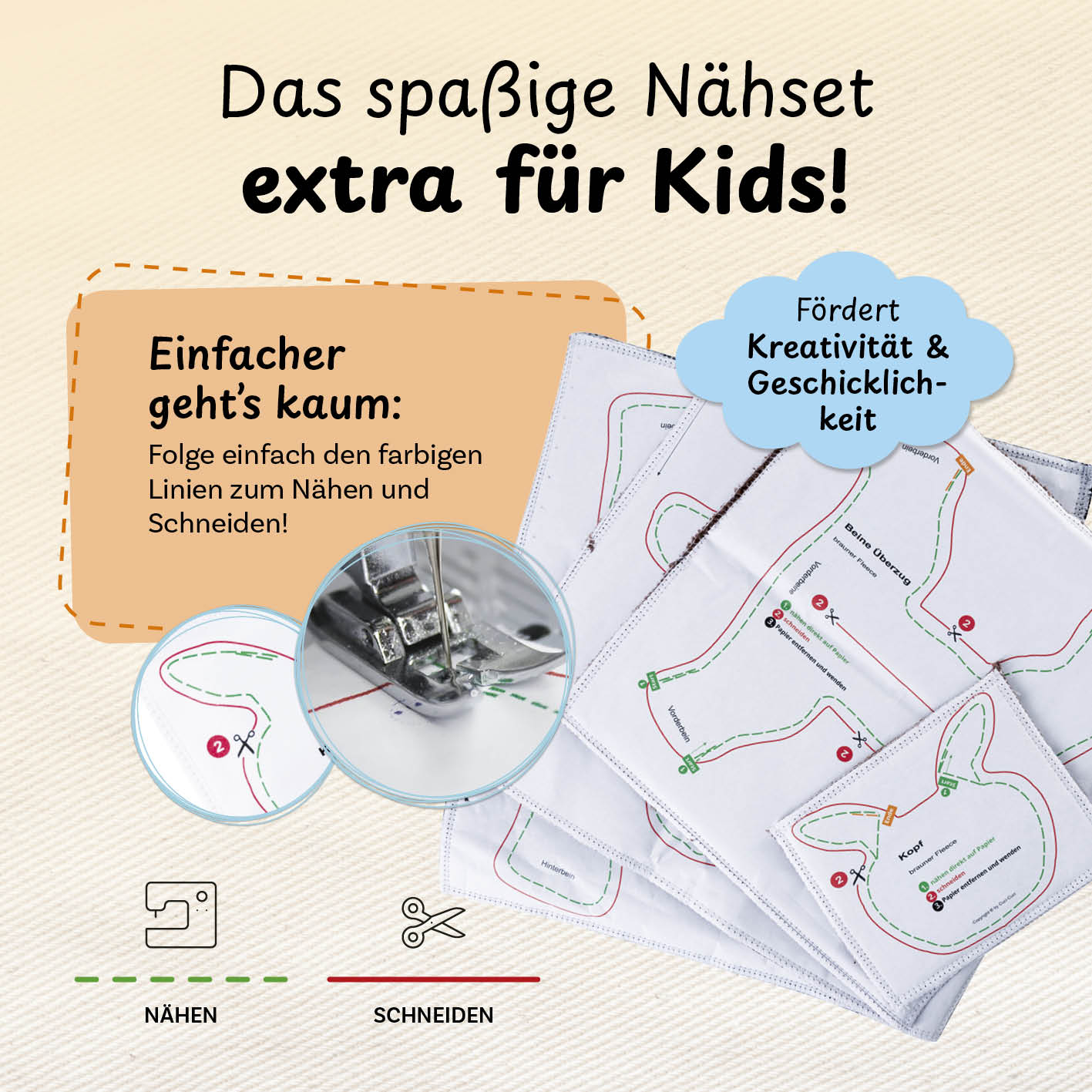 Näh-Baukastenset Motiv Pferd Pepper – kinderleichtes Nähen mit farbigen Linien für mehr Kreativität und Geschicklichkeit.