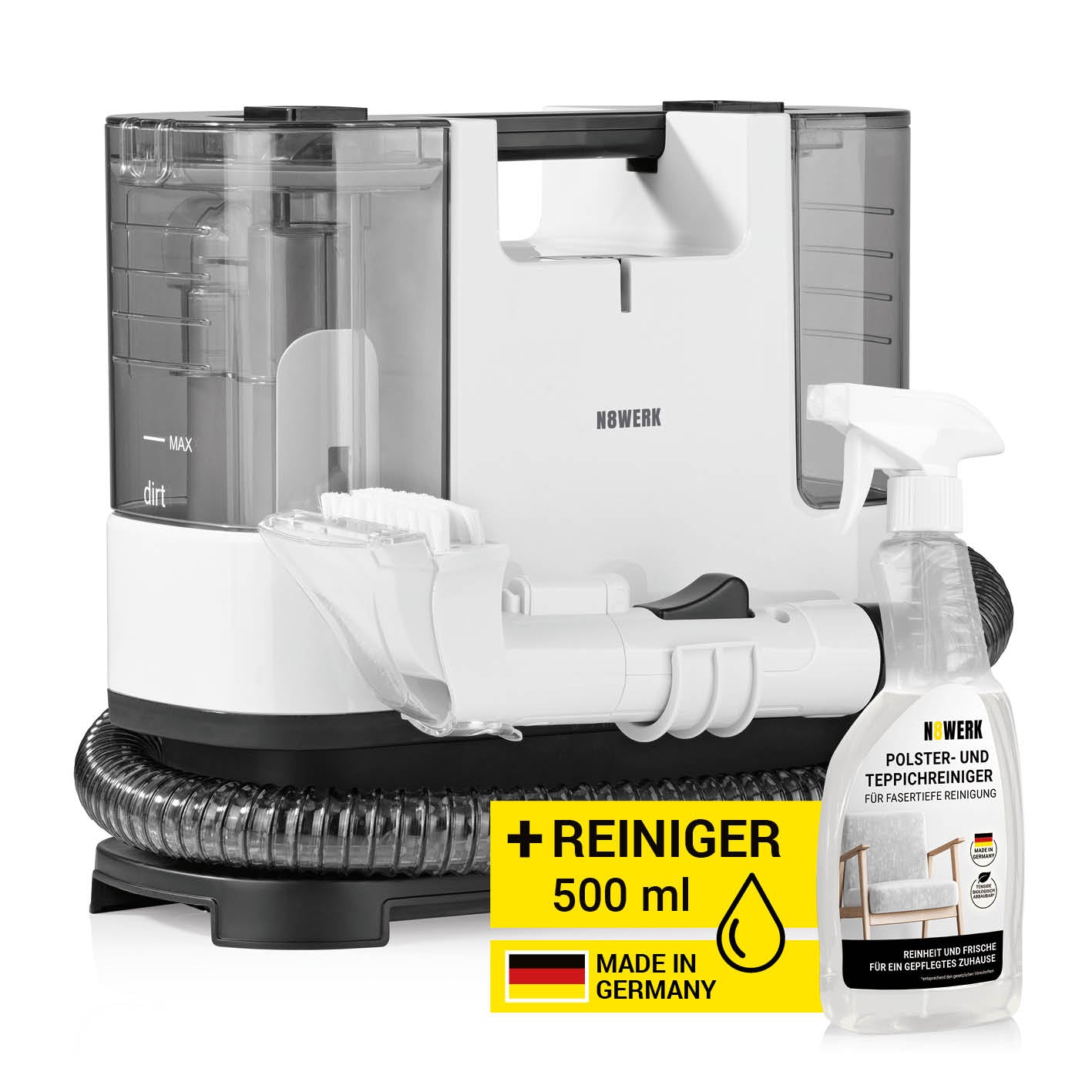 Polster- & Teppichreiniger mit Sprühfunktion, 2 Düsen, Schmutz- und Frischwasser-Tank, leise und kompakt, inkl. Reinigungsspray 500 ml.