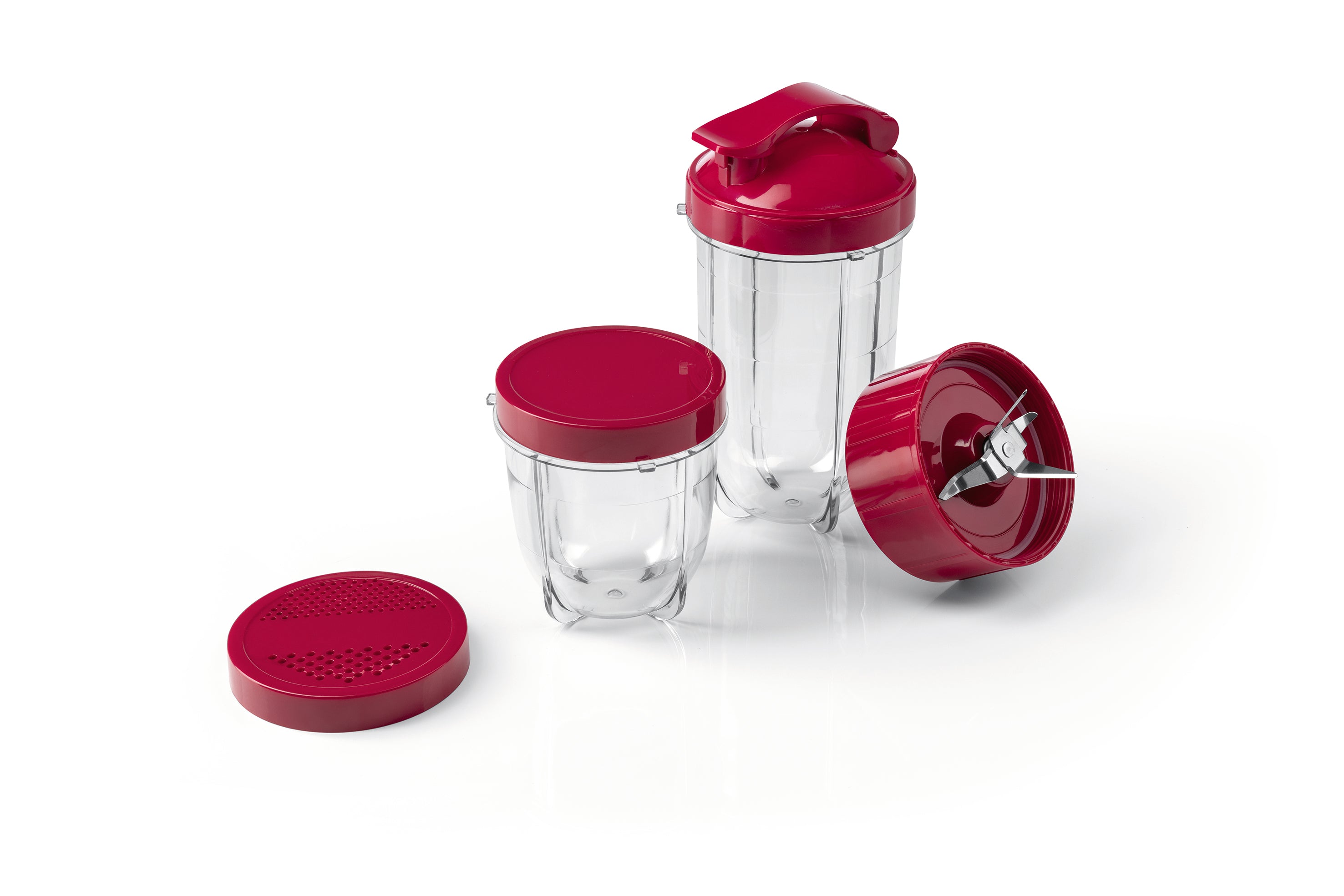 Zubehörset L für Mr. Magic Power 400 Pro - Rot mit Mixbechern und vielseitigen Aufsätzen für einfache Zubereitung und Reinigung.