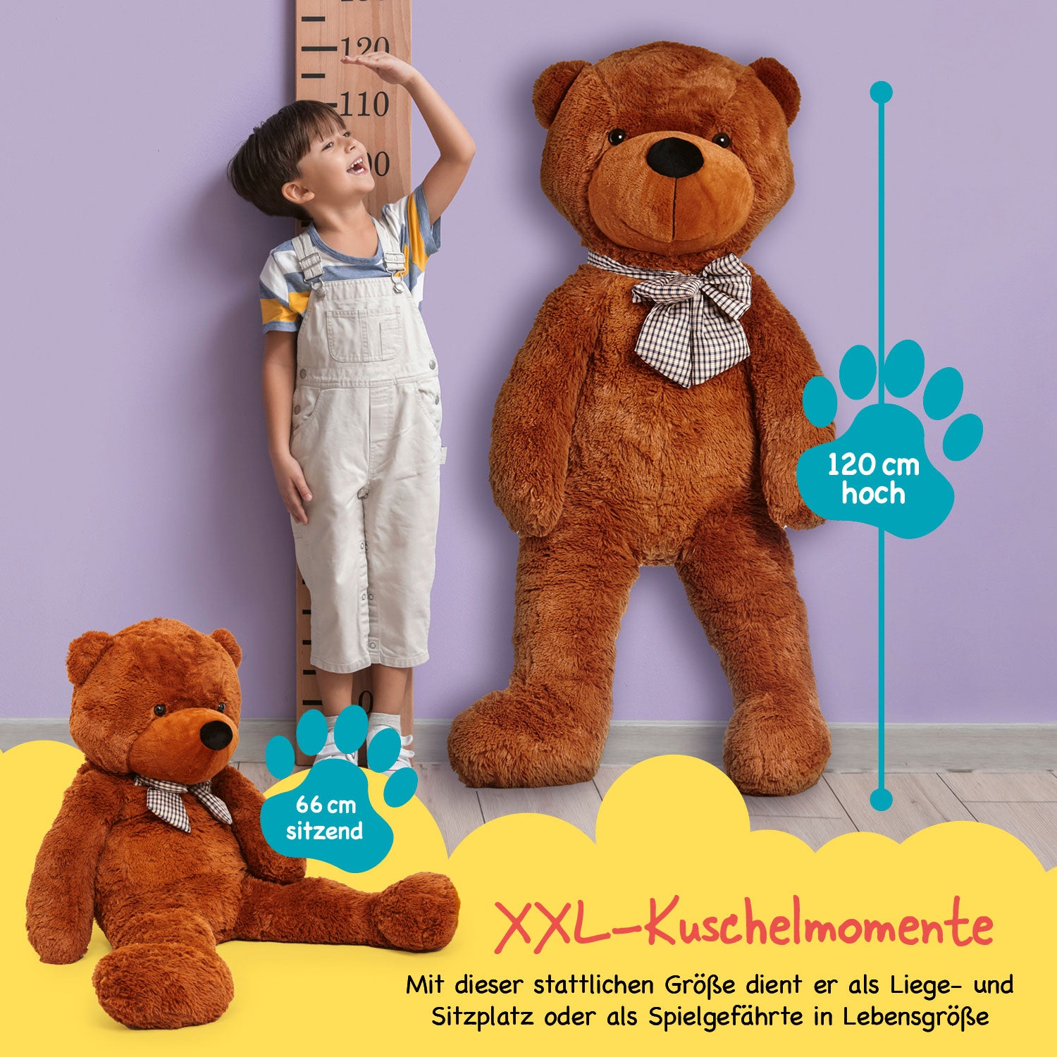 XXL-Teddy mit Knopfaugen in Braun, 120 cm groß, flauschig und ideal als Kuschelfreund oder Geschenk.