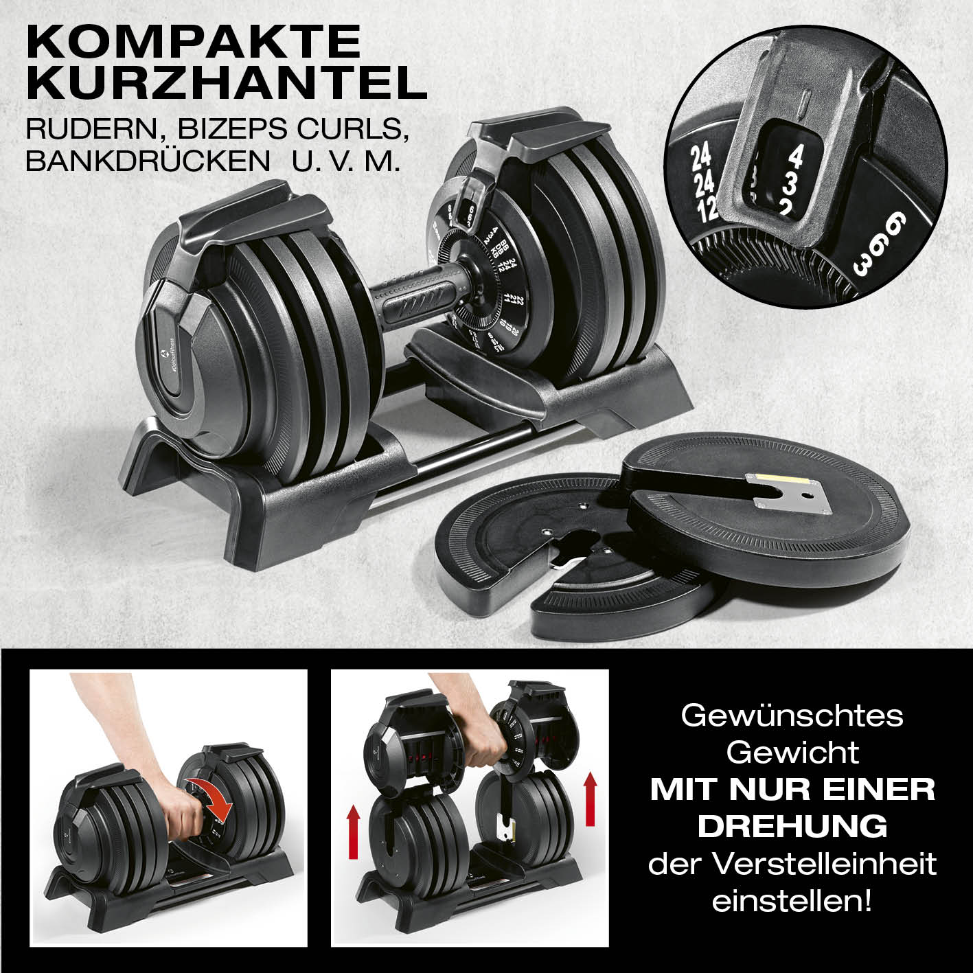 Multifunktionshantel von FitEngine, verstellbar von 3–24 kg, kompakte Kurz- und Langhantel für vielseitiges Training zu Hause.