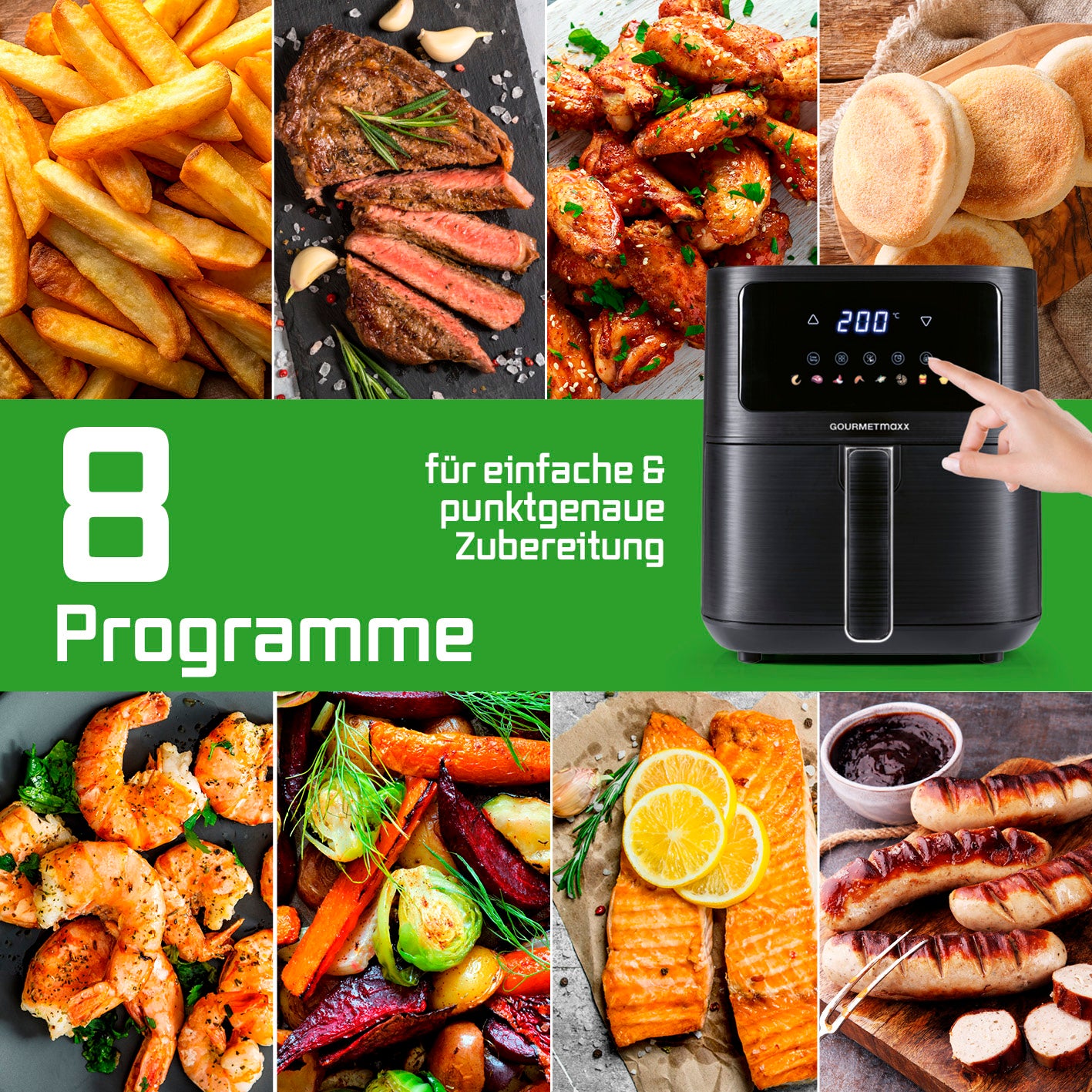 Heißluftfritteuse - 4,5 Liter mit 8 Programmen für fettarmes Frittieren und vielseitige, punktgenaue Zubereitung vielfältiger Gerichte.