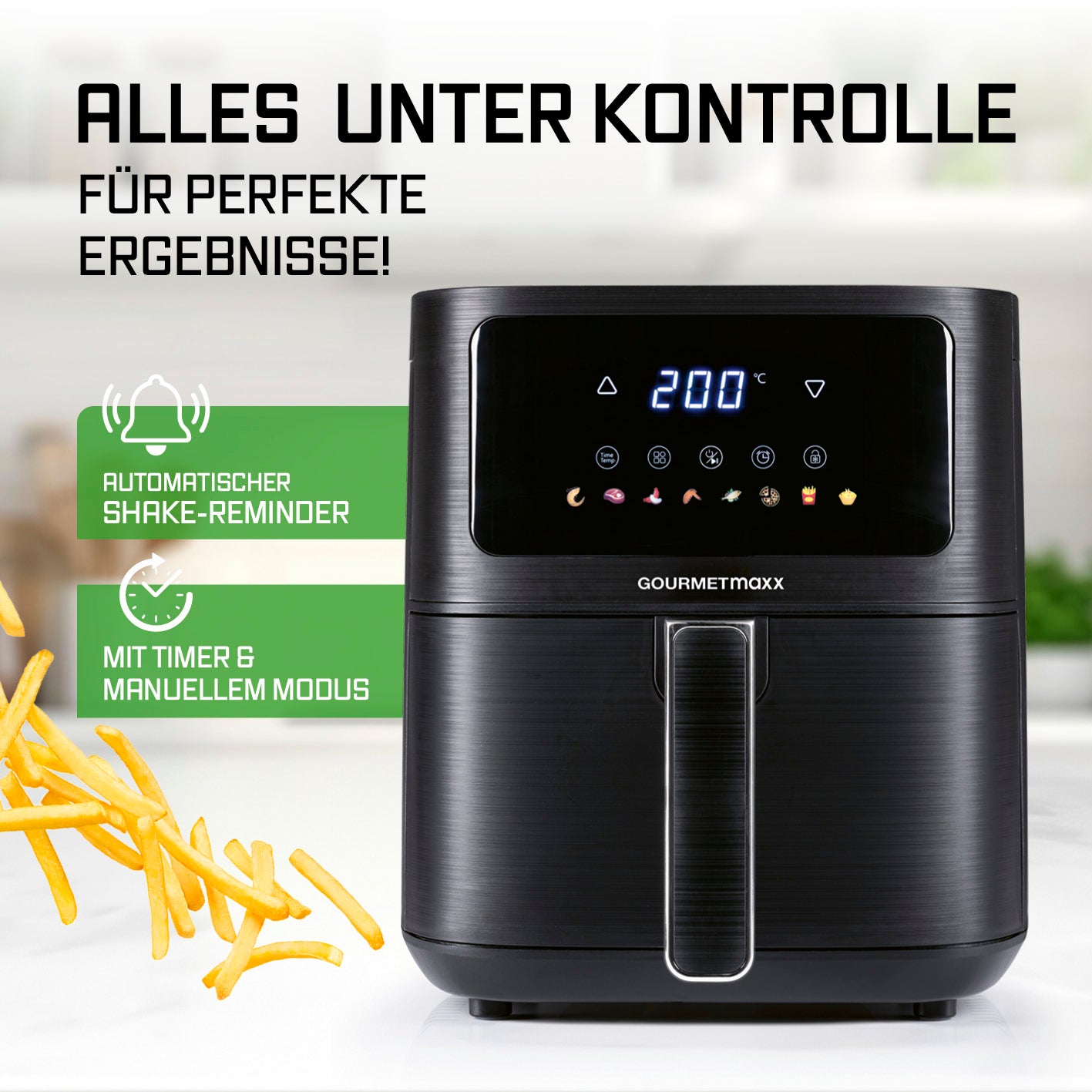 Heißluftfritteuse - 4,5 Liter mit digitalem Display, automatischem Shake-Reminder und Timer für gleichmäßiges Frittieren.