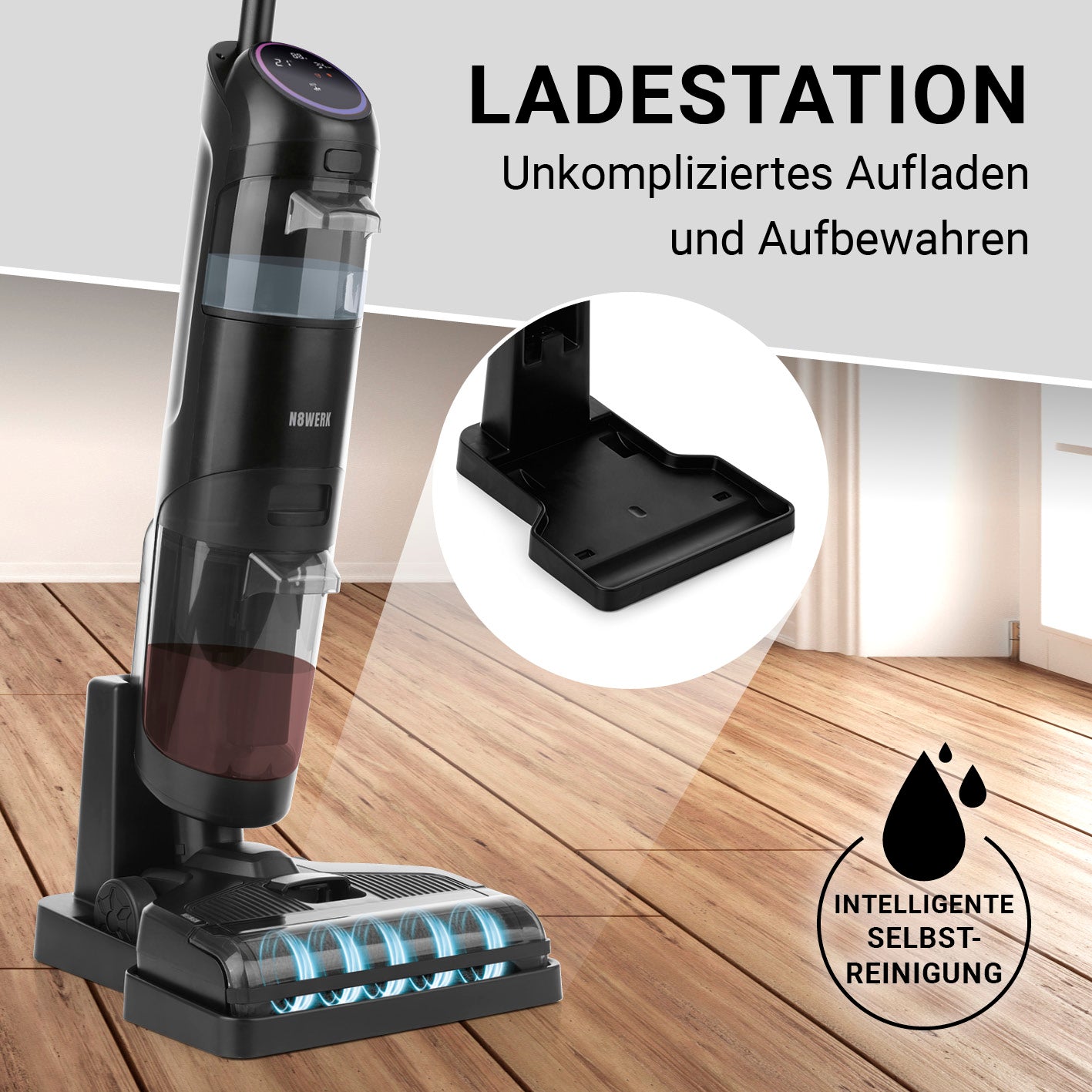 Saugwischer Smart Clean 3in1 mit Ladestation, intelligenter Selbstreinigung und Universal-Bodenreiniger 500ml für effiziente Reinigung