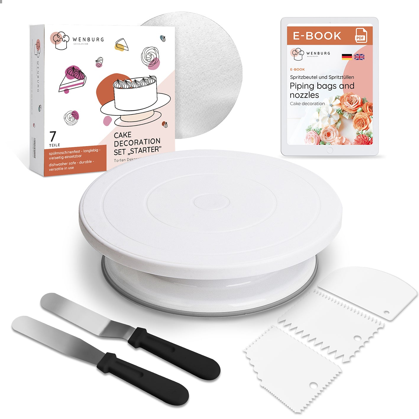 Tortendeko-Set zum Backen & Verzieren mit 360°-drehbarer Tortenplatte, Spachteln, Schabern und E-Book für einfache Tortengestaltung.