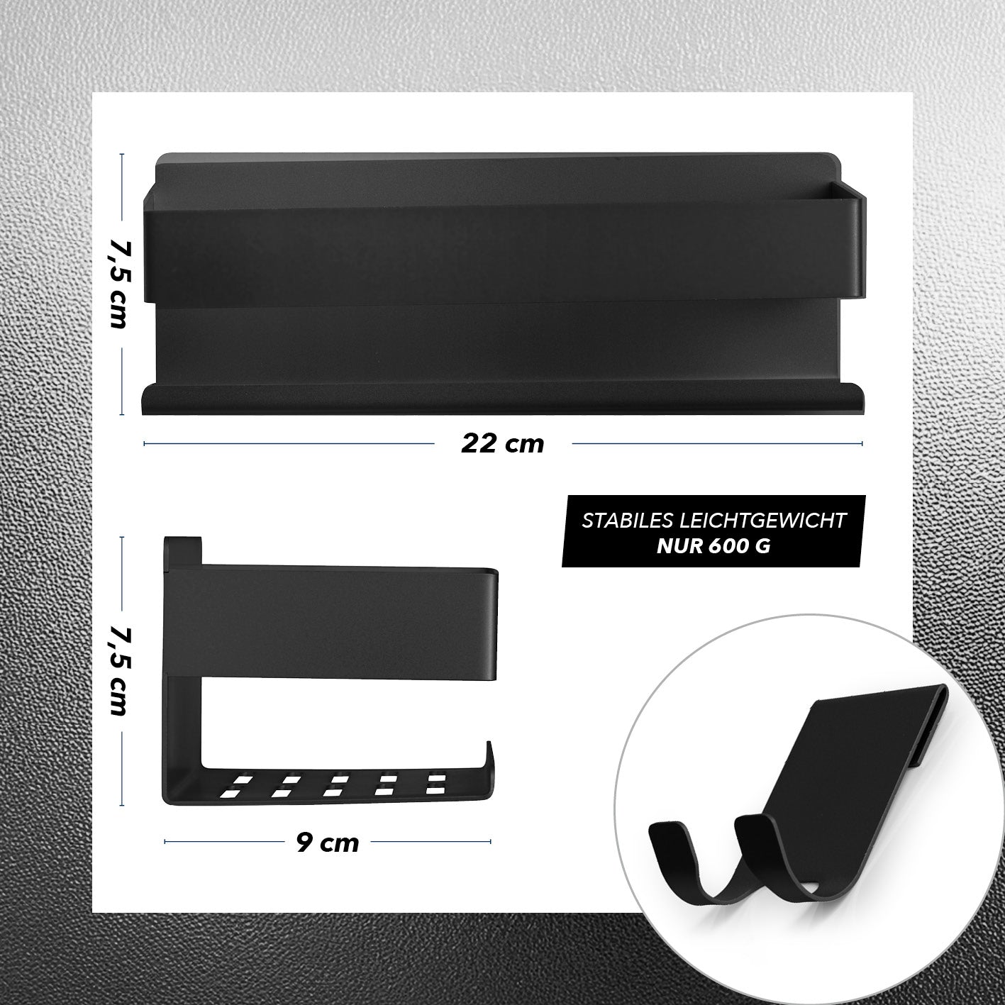 Dusch-Organizer zum Kleben oder Bohren - Schwarz, stabile, leichte Edelstahlablage mit Hakenleiste, 22x7,5x9 cm, 600 g, minimalistisches Design.