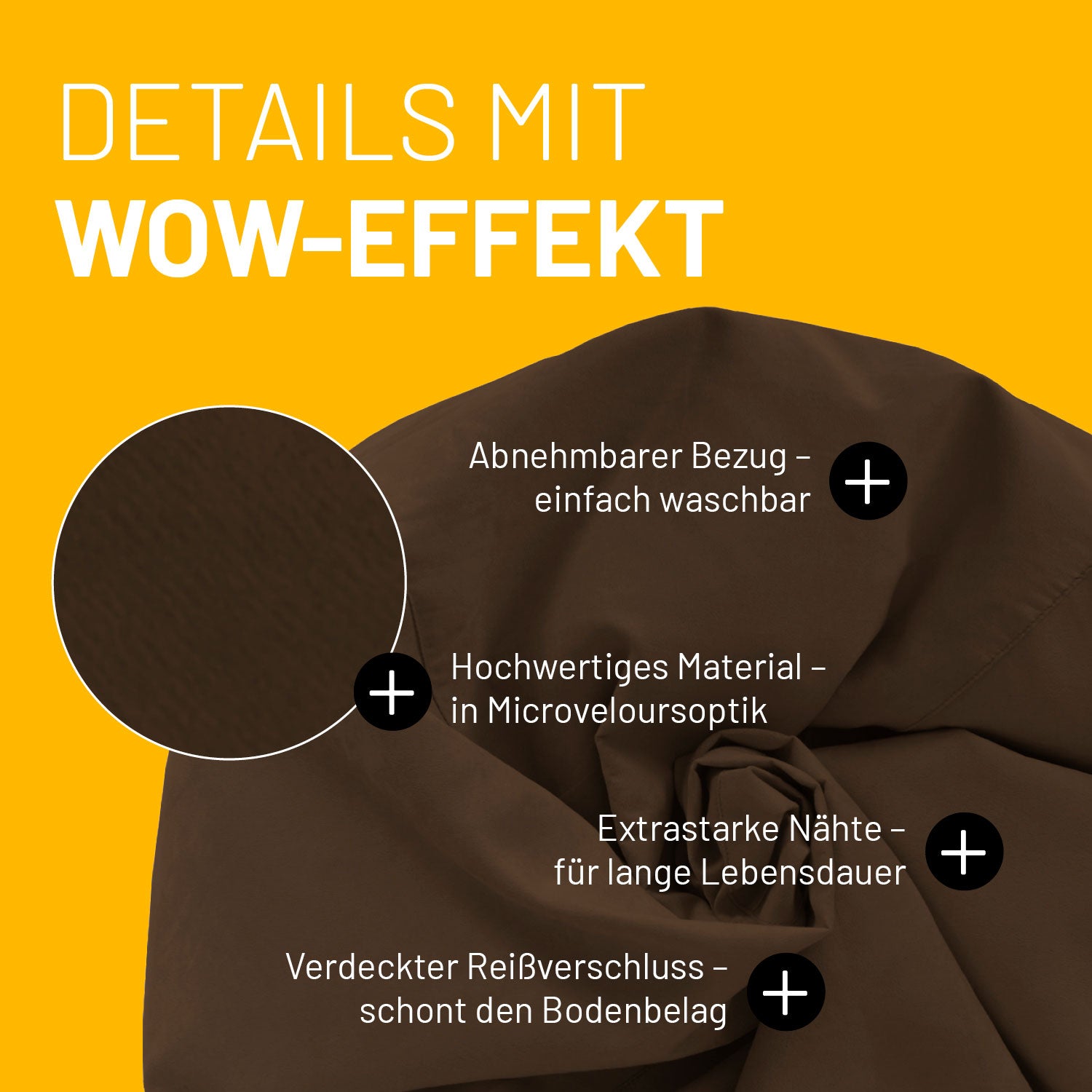 Luxury XL PLUS Sitzsack (220 L) Braun mit abnehmbarem Bezug, Microvelours, extrastarken Nähten und verdecktem Reißverschluss.