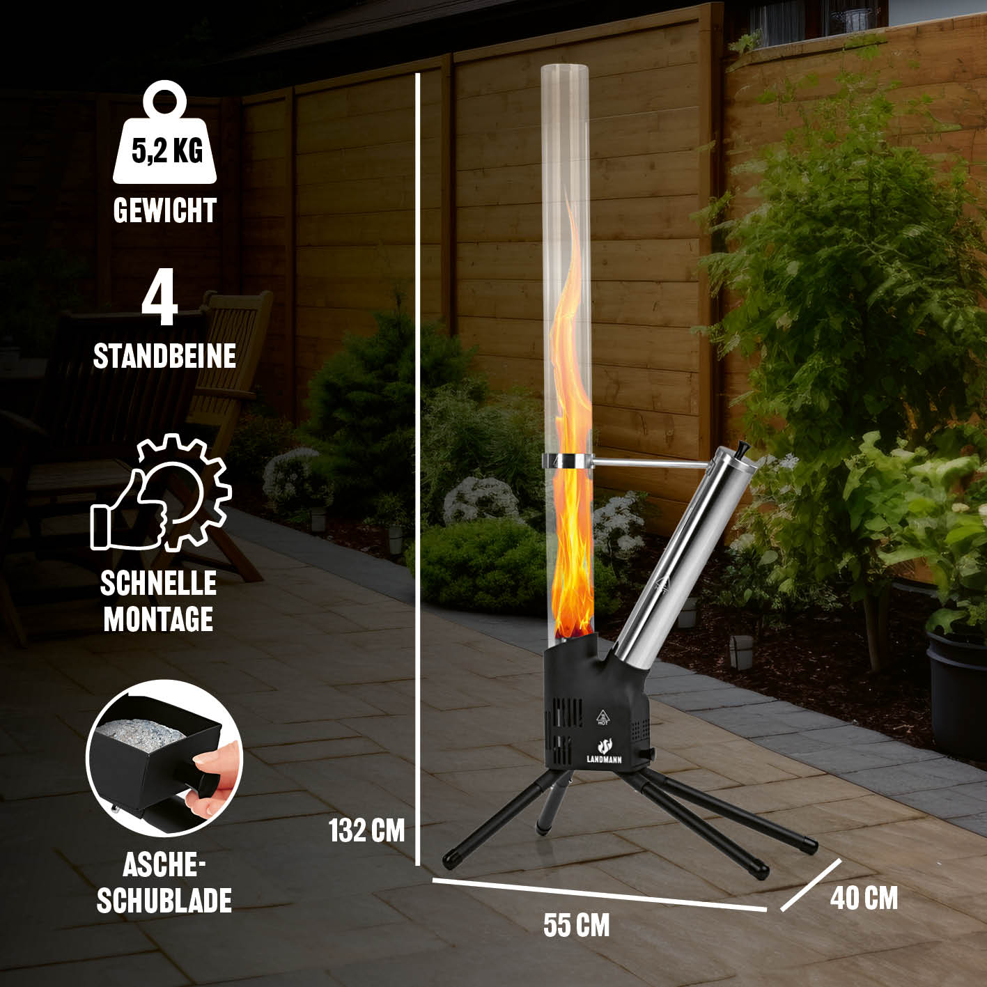 Pellet-Feuersäule mit 4 Standbeinen, 132 cm Höhe, Ascheschublade und schneller Montage für long anhaltendes Flammenspiel.