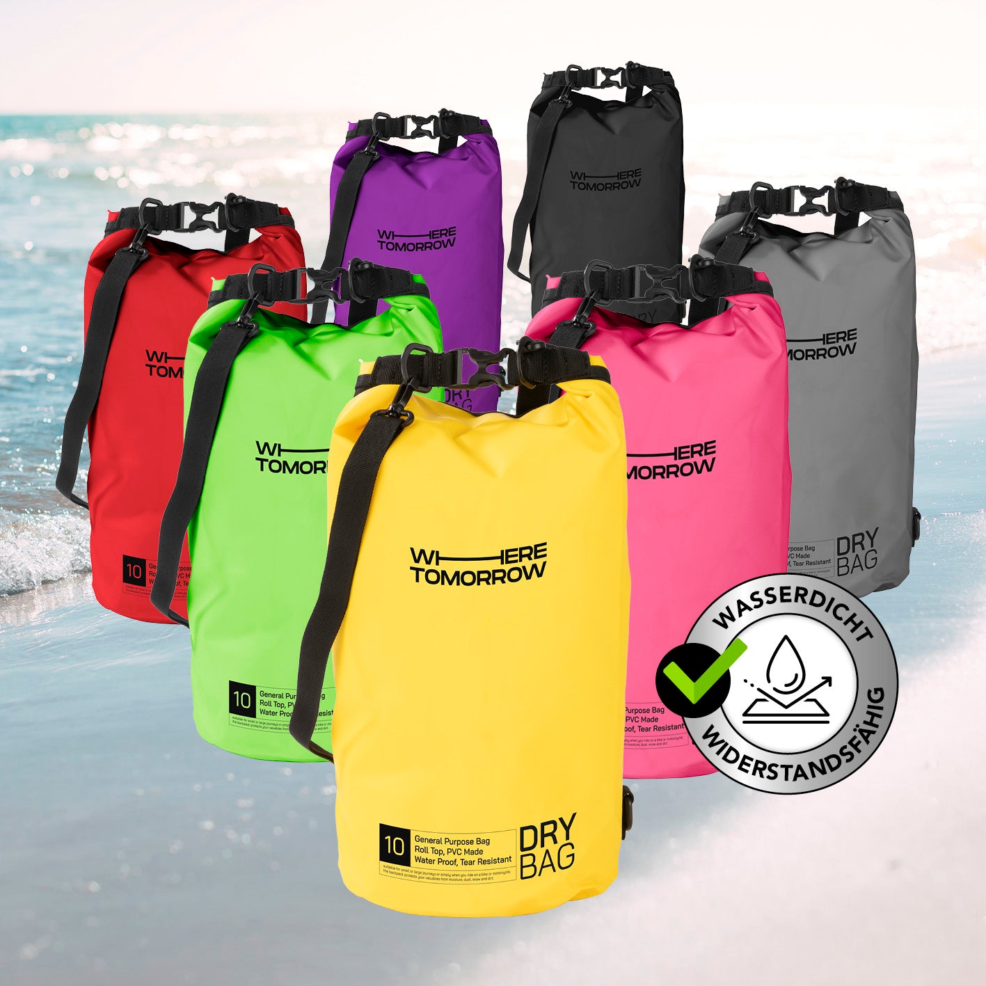 Dry Bag 10L - Style 01 - Gelb, wasserdichter und robuster Outdoor-Rucksack mit verstellbarem Schultergurt und Rolltop-Verschluss.
