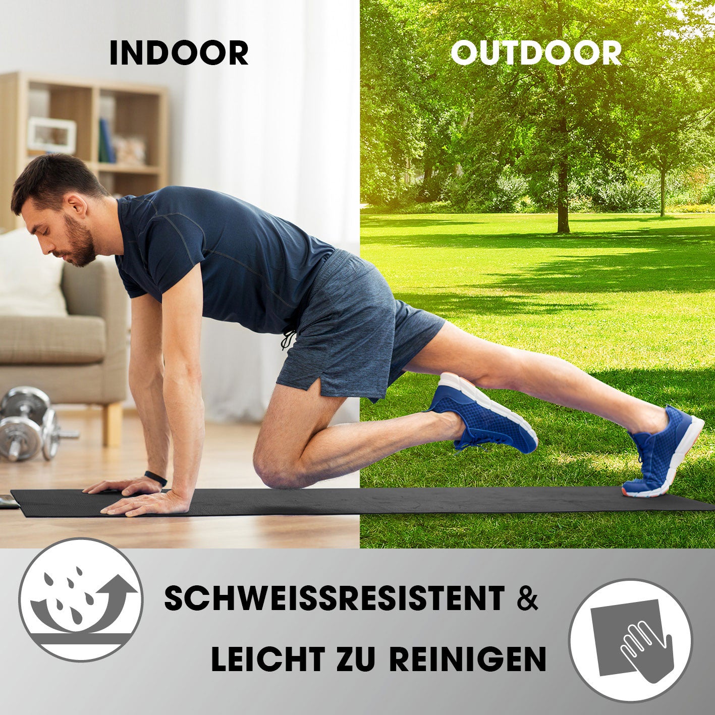 Fitness- und Gymnastikmatte - 183 x 61 x 1,5 cm - Schwarz, rutschfest, robust, ideal für Indoor- und Outdoor-Training.