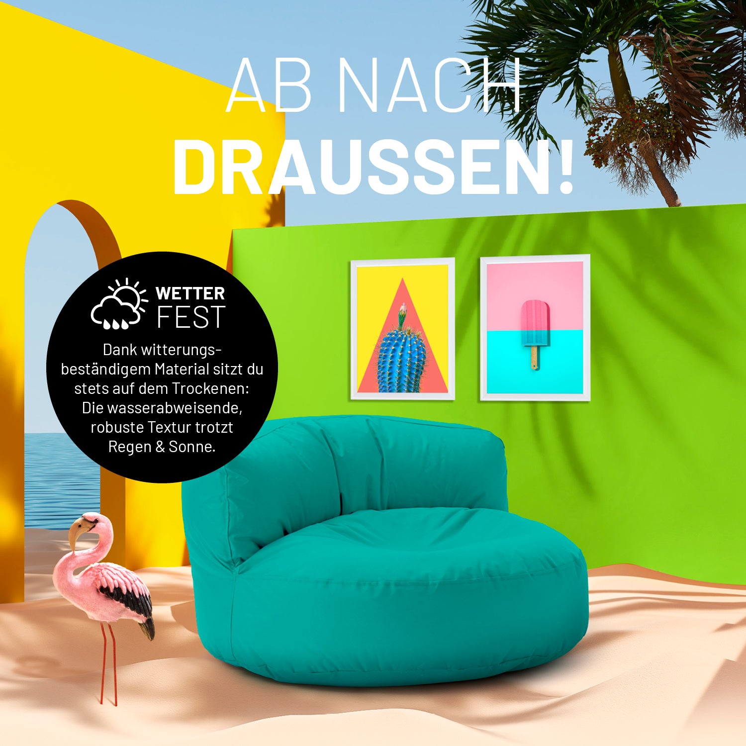 Sitzsack Lounge (320 L) in Türkis, wetterfest, bequem für indoor & outdoor, mit robuster, pflegeleichter Oberfläche und verdecktem Reißverschluss.