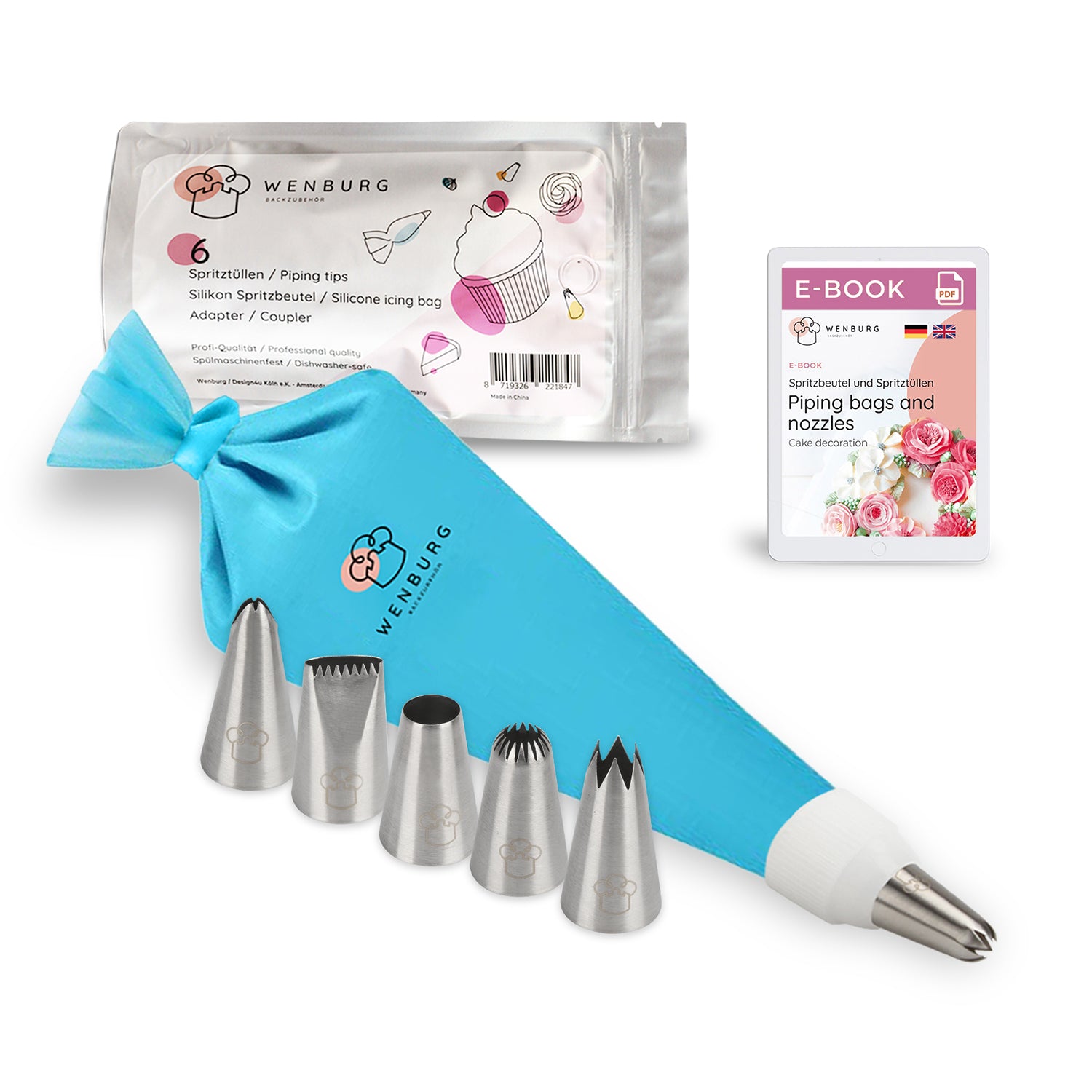 Silikonspritzbeutel mit 6 Edelstahltüllen - 35 cm, inkl. Adapter, Geschenkbox und E-Book für perfekte Tortendekoration.