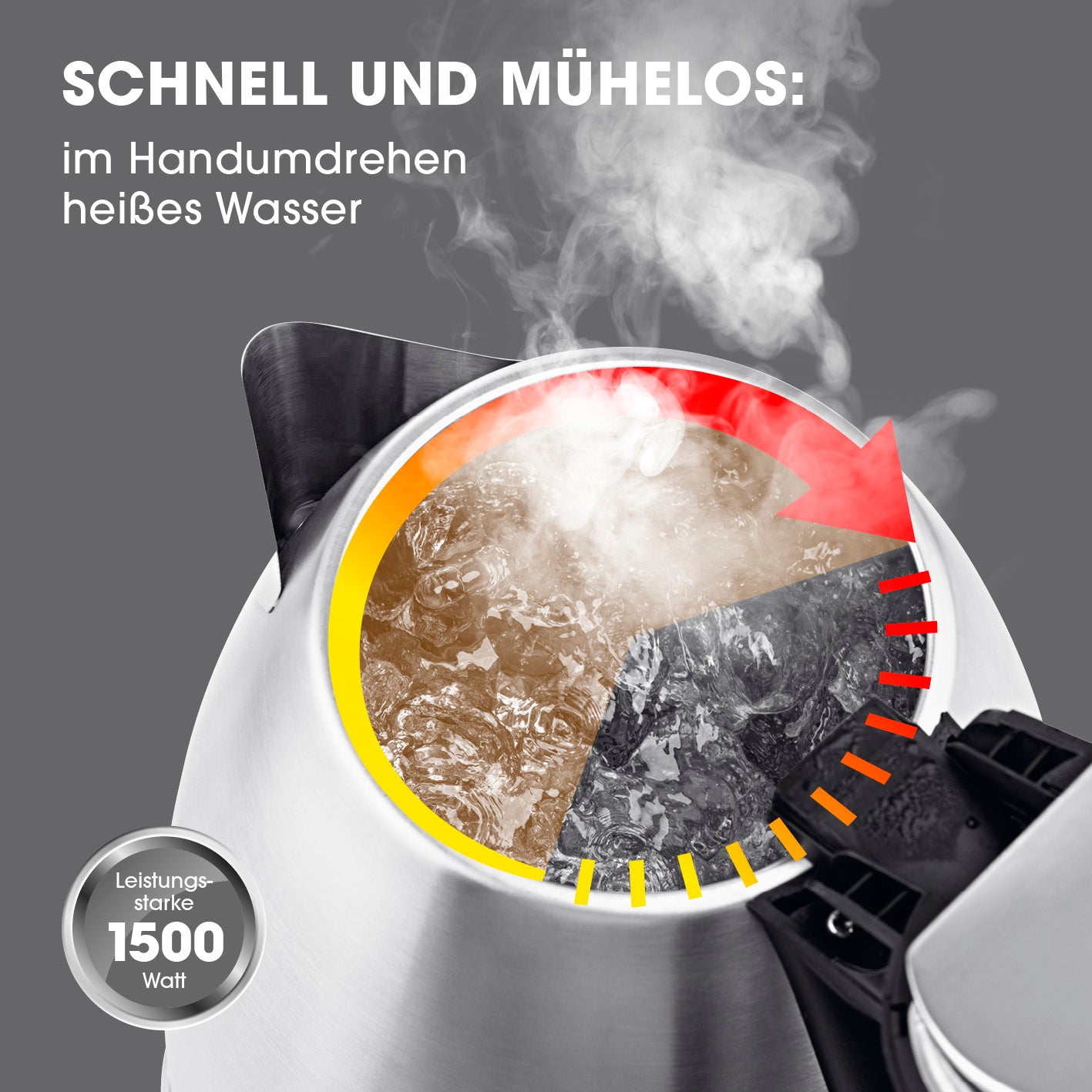 Wasserkocher - 1,8l - Edelstahl mit 1500 Watt Leistung, kabellos, 360°-Basis, automatischer Abschaltung und Wasserstandsanzeige.