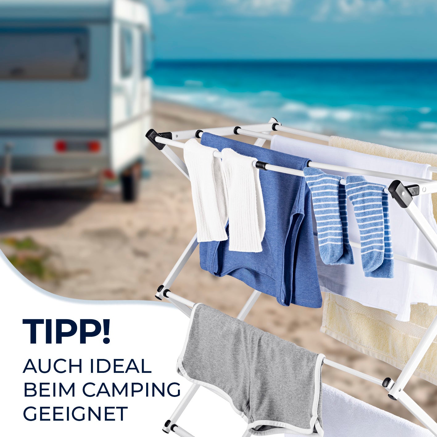 Teleskop-Wäscheständer 800 klappbar, leicht, robust, ideal zum Trocknen von Wäsche auch beim Camping am Strand oder zuhause.