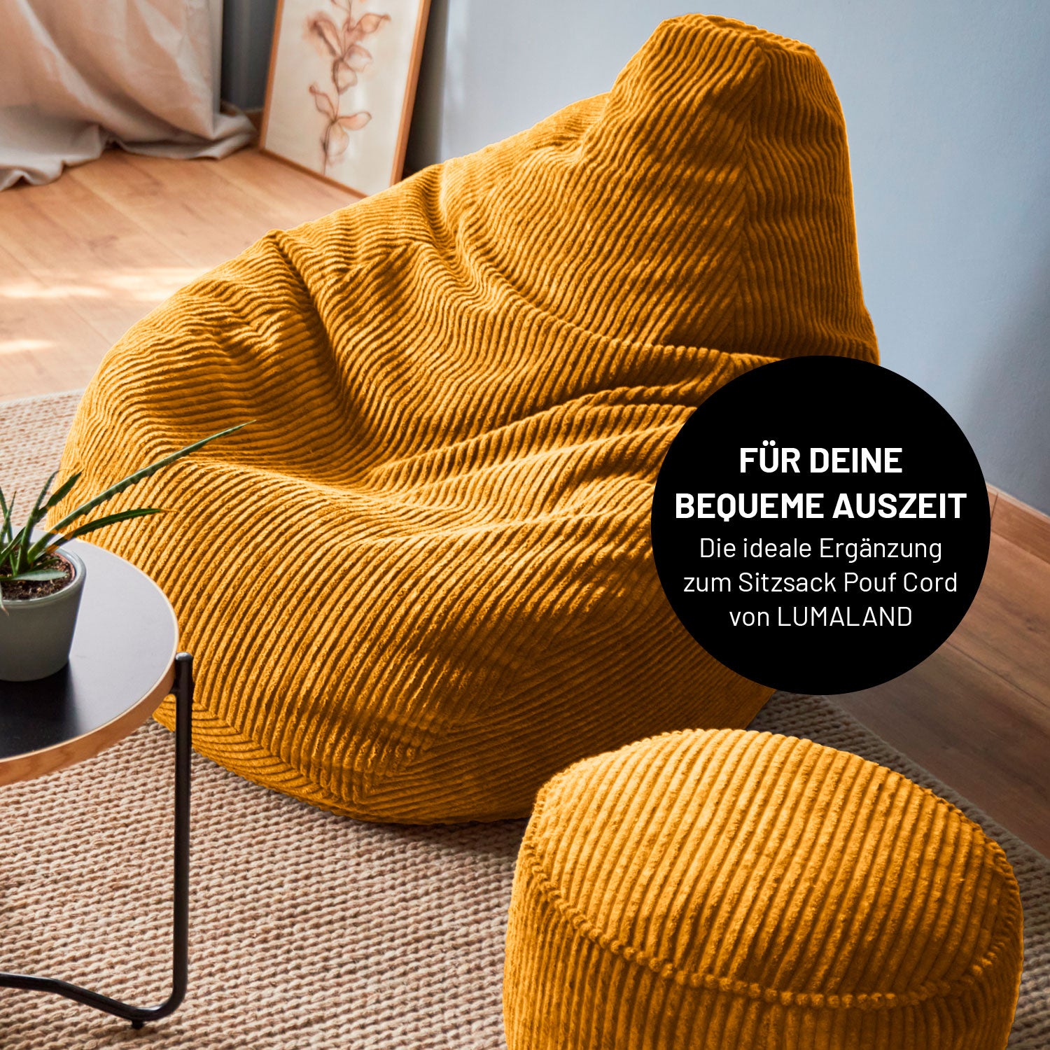 Sitzsack GIANT aus der Cord-Reihe - Senfgelb mit robustem, waschbarem Bezug und bequemer Füllung für modernes Wohnen.