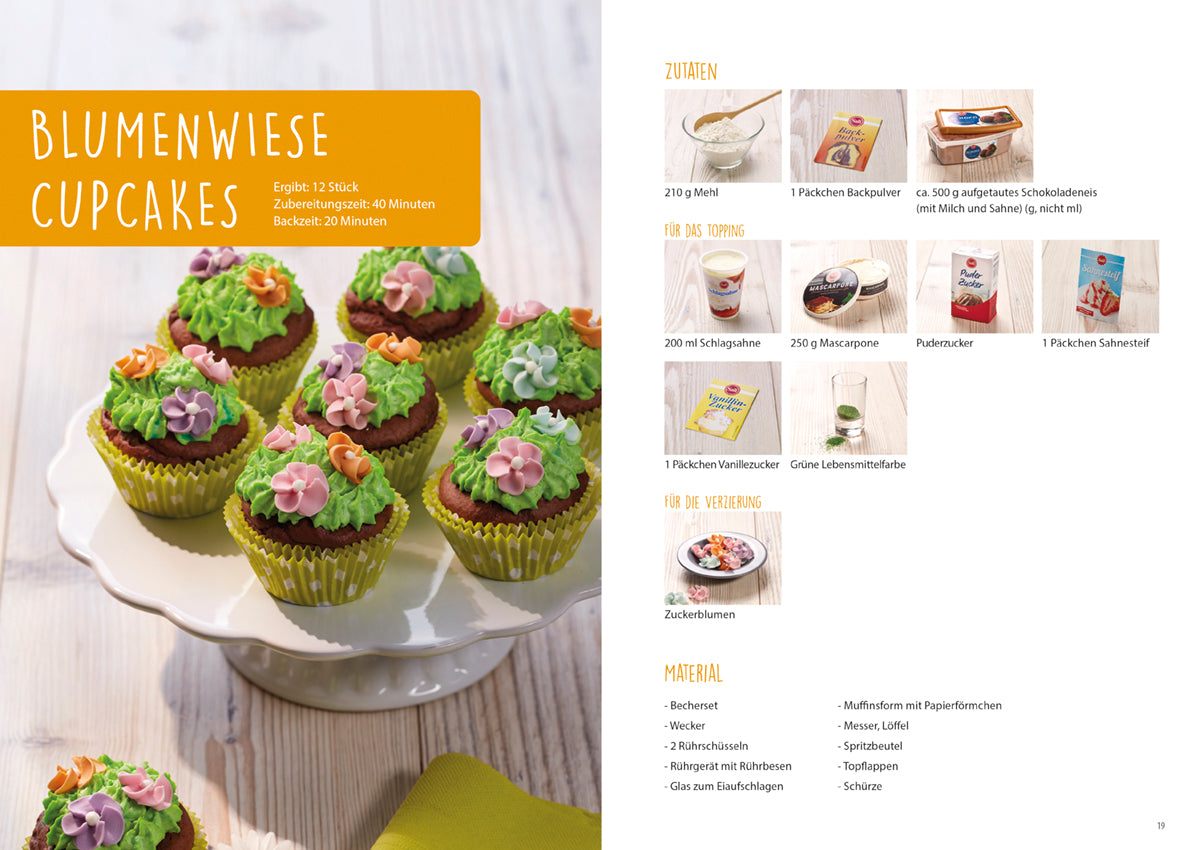Rezeptbuch (Ergänzungsexemplar ohne Messbecher) - Band 8 - Kreative Motivkuchen zeigt Blumenwiese Cupcakes mit Zutaten und Anleitung.