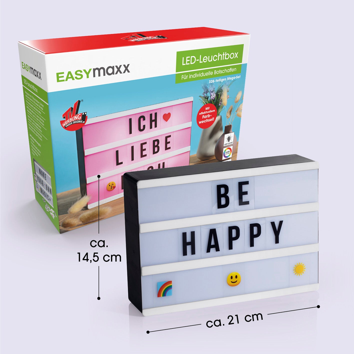 LED-Leuchtkasten A5 - 173 Buchstaben & 150 Emojis mit Timerfunktion und LED-Farbwechsel für individuelle Textbotschaften und Partydekoration.