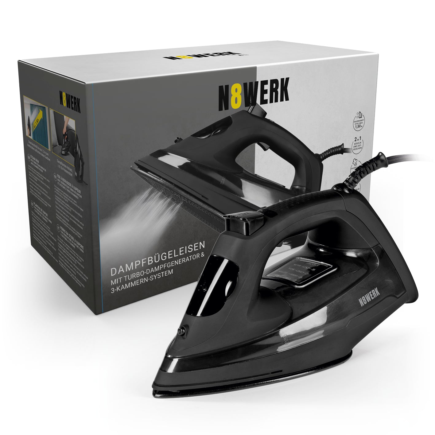 Dampfbügeleisen Midnight Black Edition mit Turbo-Dampfgenerator, LED-Anzeige, Keramiksohle und ergonomischem Soft-Touch-Griff.