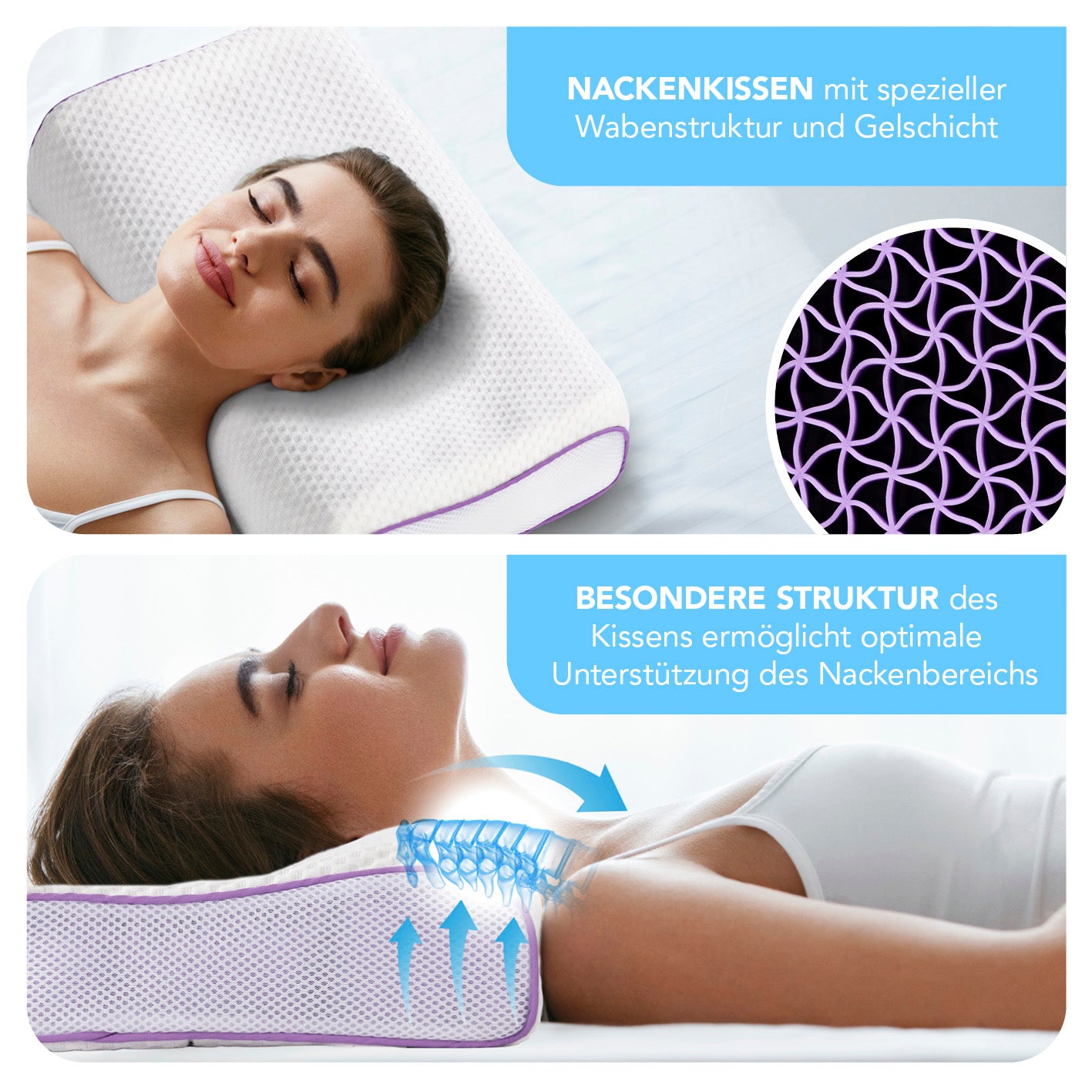 Gel-Nackenkissen Kissen mit ergonomischer Wabenstruktur und Gelschicht für optimale Nackenstütze und angenehme Luftzirkulation.