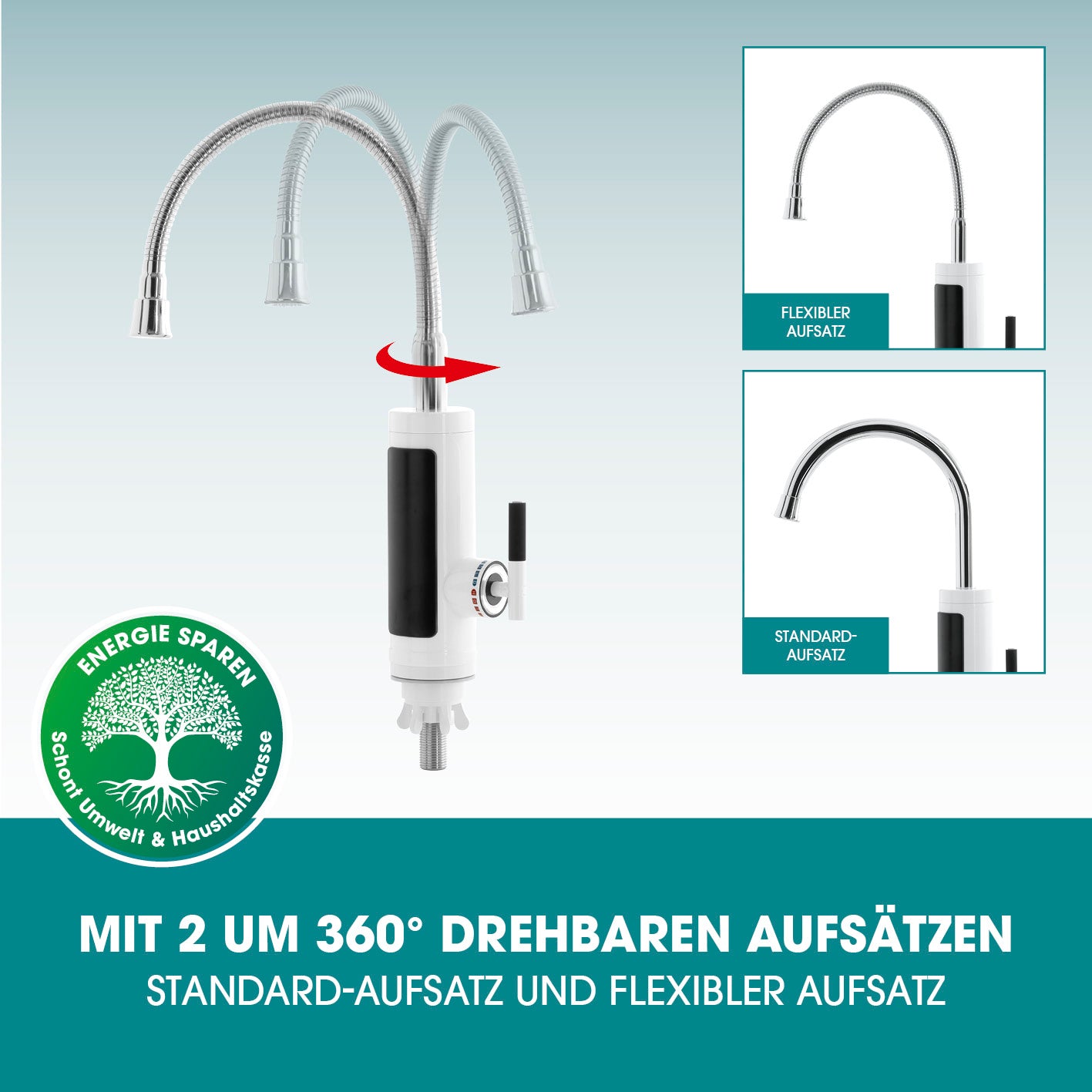 Warm- & Kaltwasserarmatur mit Durchlauferhitzer, zwei 360° drehbare Aufsätze, digital, energiesparend, flexible Montage.