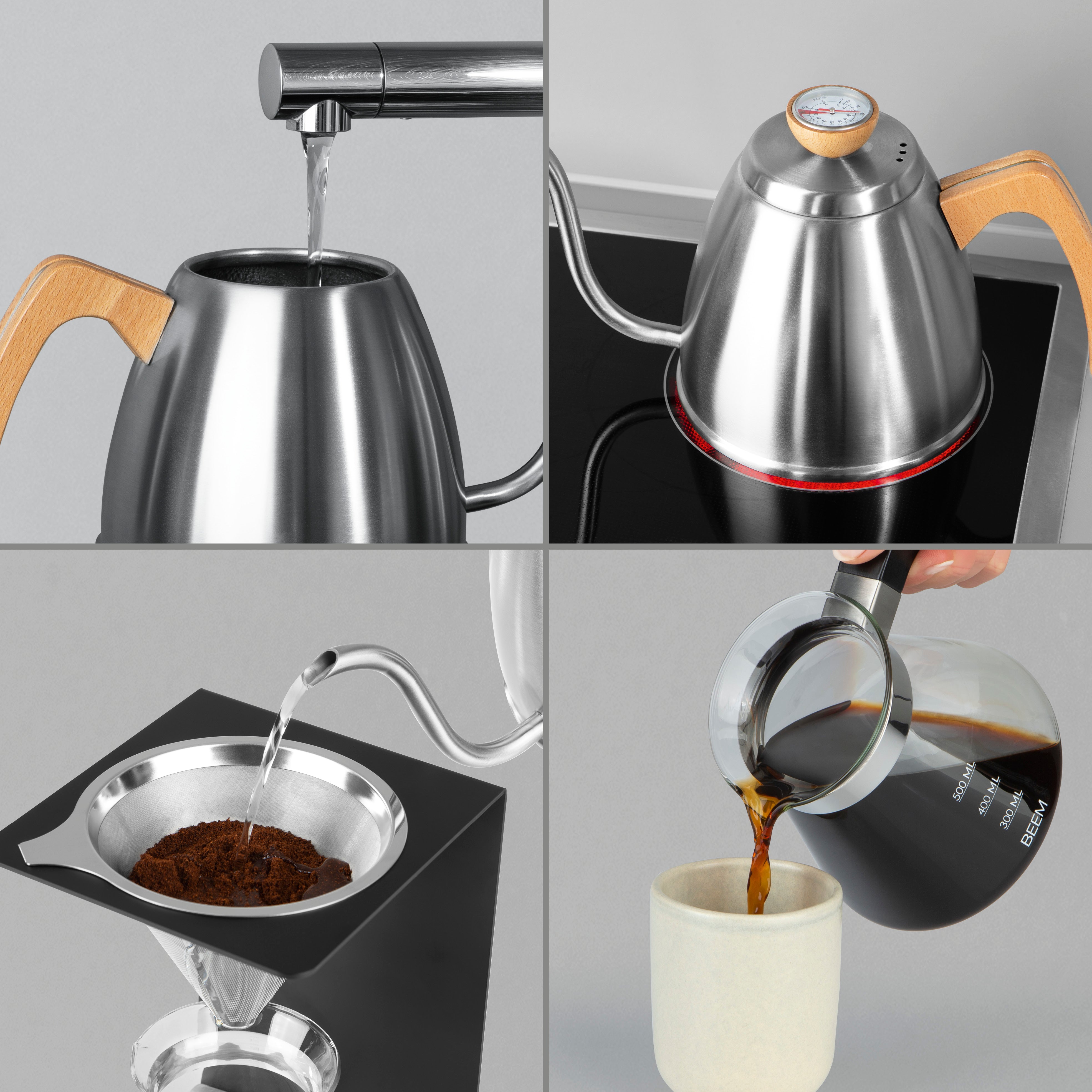 POUR OVER Wasserkessel mit Thermometer aus Edelstahl und Holzgriff, ideal für präzises Aufgießen und Temperaturkontrolle beim Kaffeebrühen.