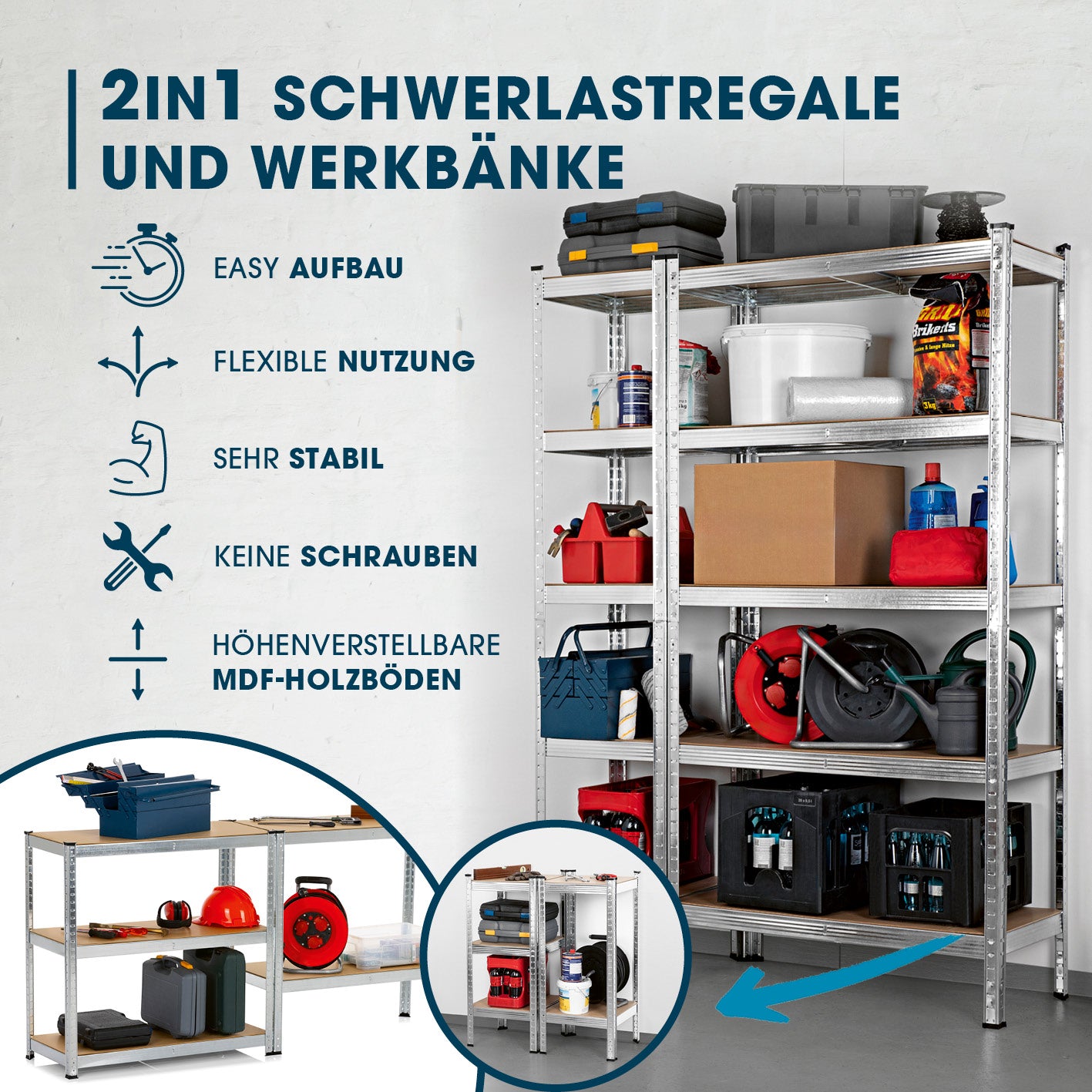 Schwerlastregal & Werkbank 2er-Set - 1750 kg Traglast, 175 kg pro Ebene - stabil, flexibel und ohne Schrauben montierbar mit MDF-Holzböden.
