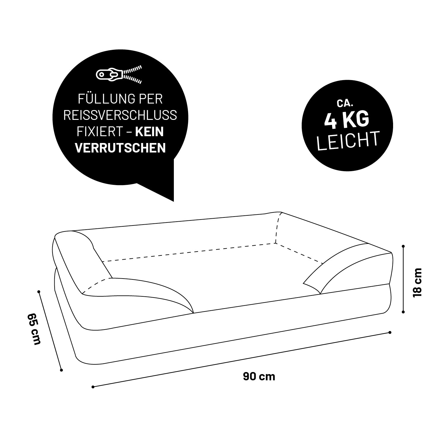 Komfort-Hundebett aus der LUMALAND Outdoor-Kollektion - Gr. M - 90 x 65 cm - Grau mit Reißverschlussfüllung und 18 cm Randhöhe
