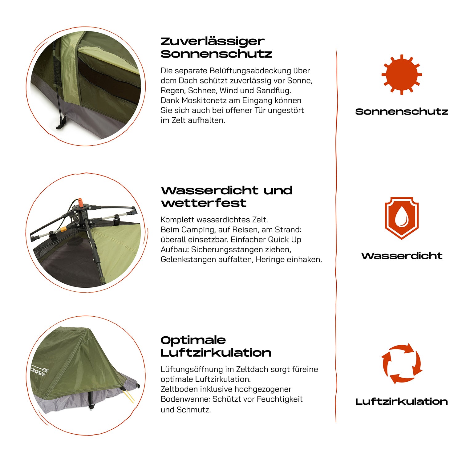 1-Personen-Zelt - Rechteck - 220x80x50 cm - Grün mit Sonnenschutz, wasserdicht, wetterfest und optimaler Luftzirkulation von Where Tomorrow.