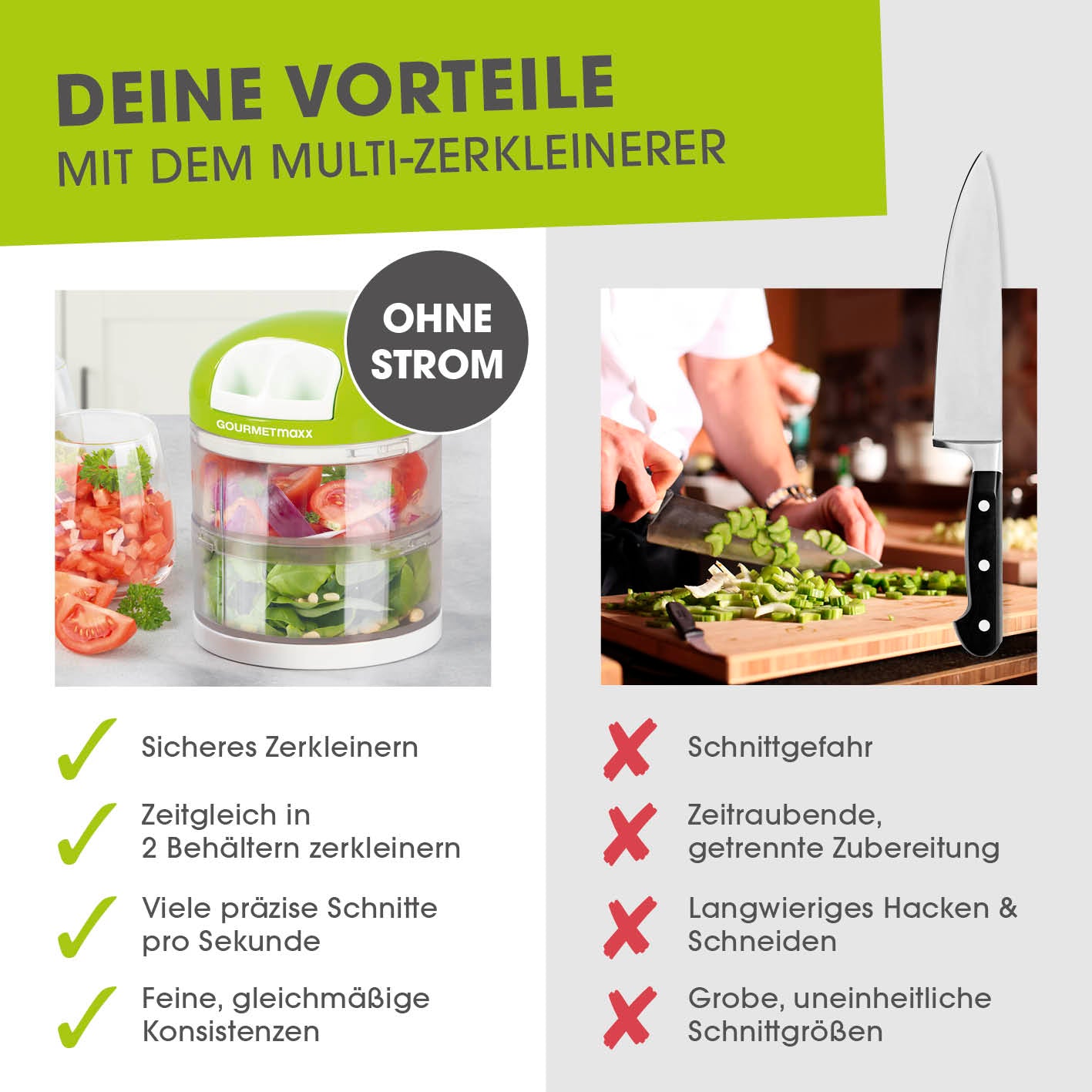 Multi-Zerkleinerer mit praktischem Zugmechanismus & 2 getrennten Behältern für schnelles, sicheres Zerkleinern ohne Strom.