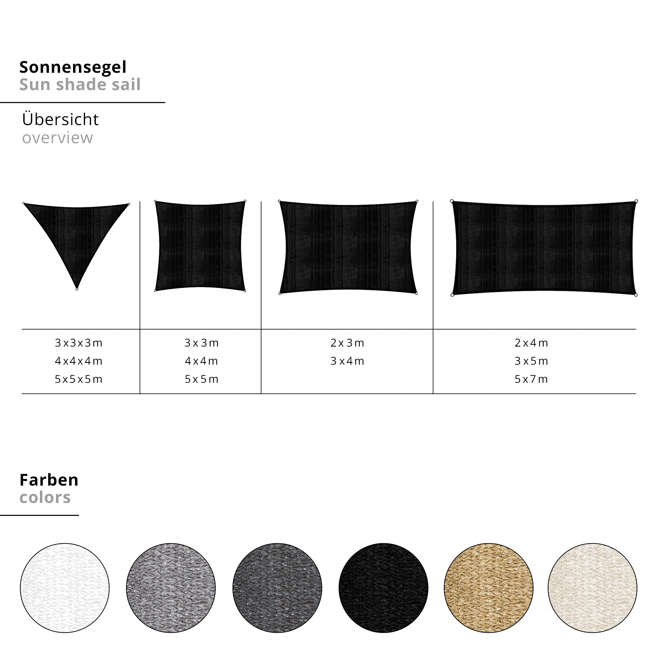 Übersicht verschiedener Sonnensegelformen und -größen mit Farboptionen inklusive Hellgrau für Sonnensegel 100% HDPE Dreieck 5x5x5 m