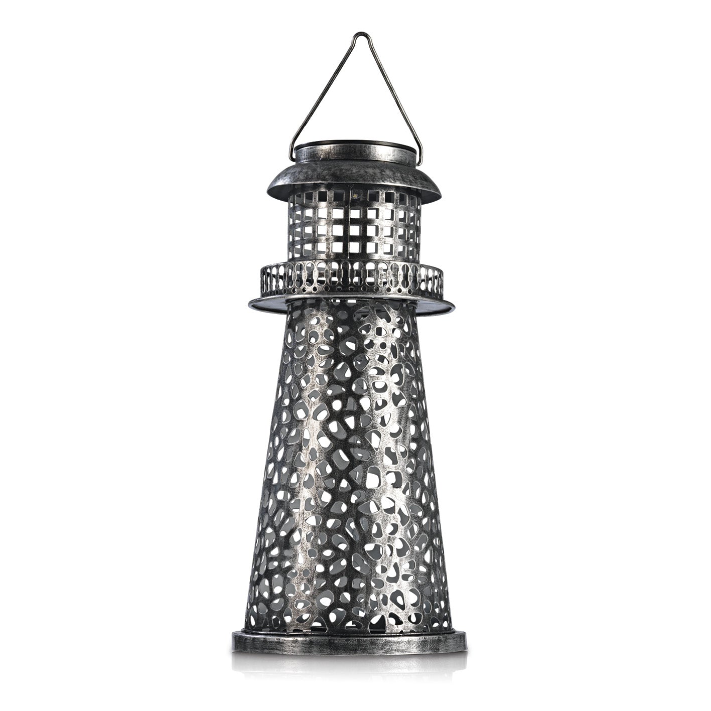Solar-Leuchte Leuchtturm - silber, dekorativer perforierter Metall-Leuchtturm mit solarbetriebenem LED-Licht für Garten und Terrasse.