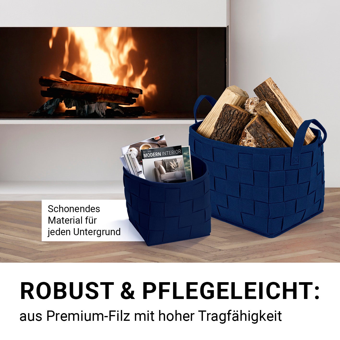 Filz-Aufbewahrungstasche L - 40 x 30 x 30 cm - Dunkelblau, robuster, faltbarer Filzkorb mit Tragegriffen, schonend für Böden und vielseitig nutzbar.