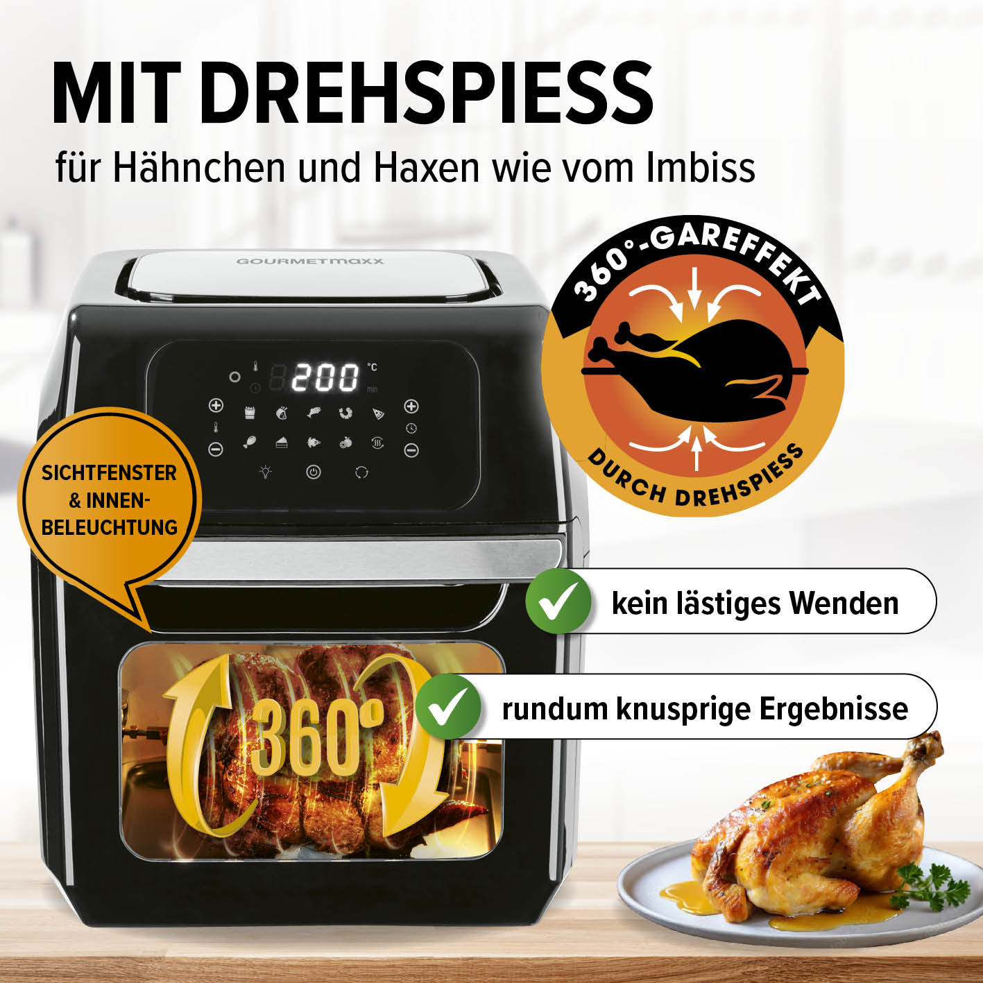 Digitale Heißluftfritteuse - 12 l - Schwarz mit Drehspieß für knusprige Hähnchen, Sichtfenster und 360° Gareffekt.