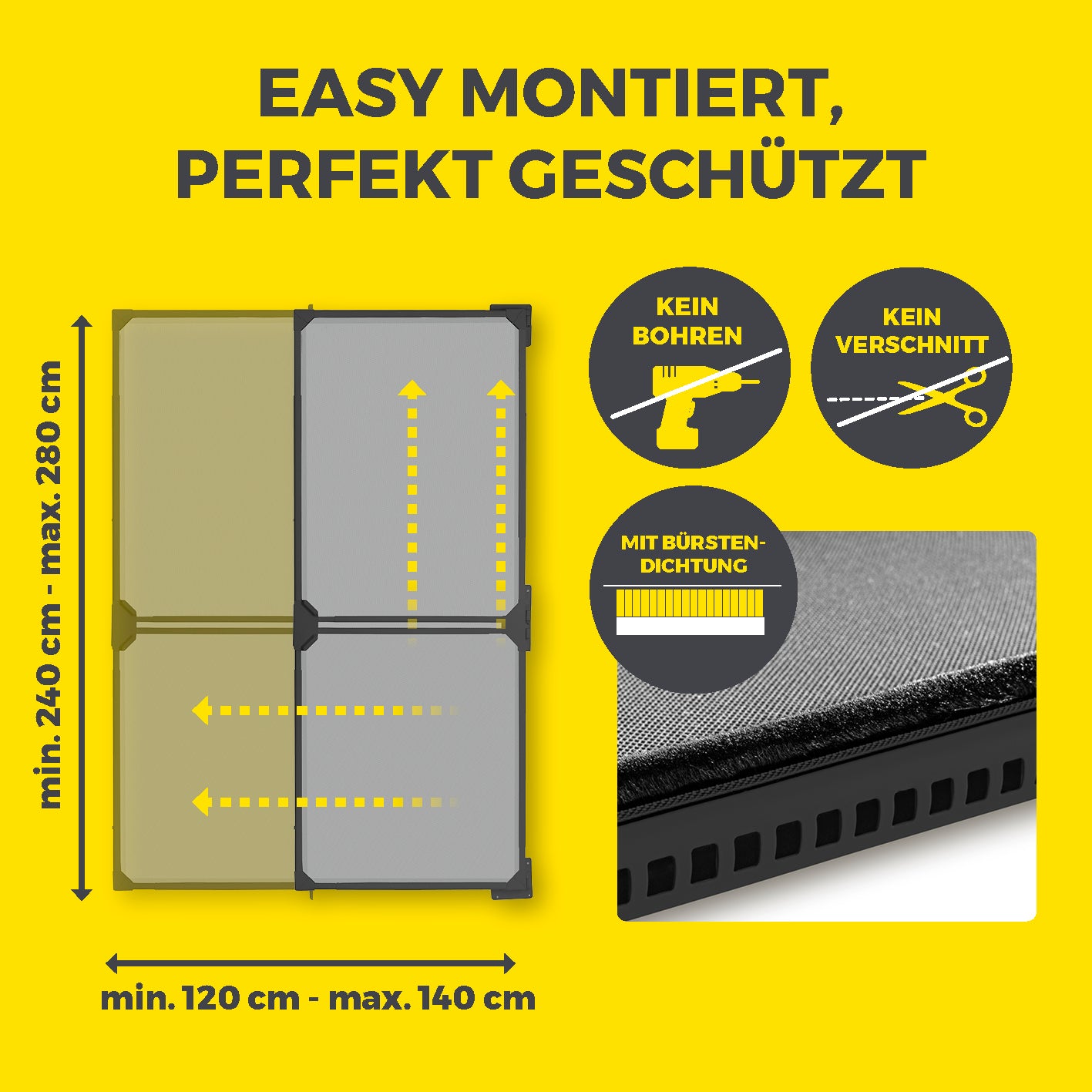Teleskop-Insektenschutzgitter Schwingtür – Grau mit Bürstendichtung, ohne Bohren und Zuschneiden, flexible Größe für Türen von 120 bis 140 cm.