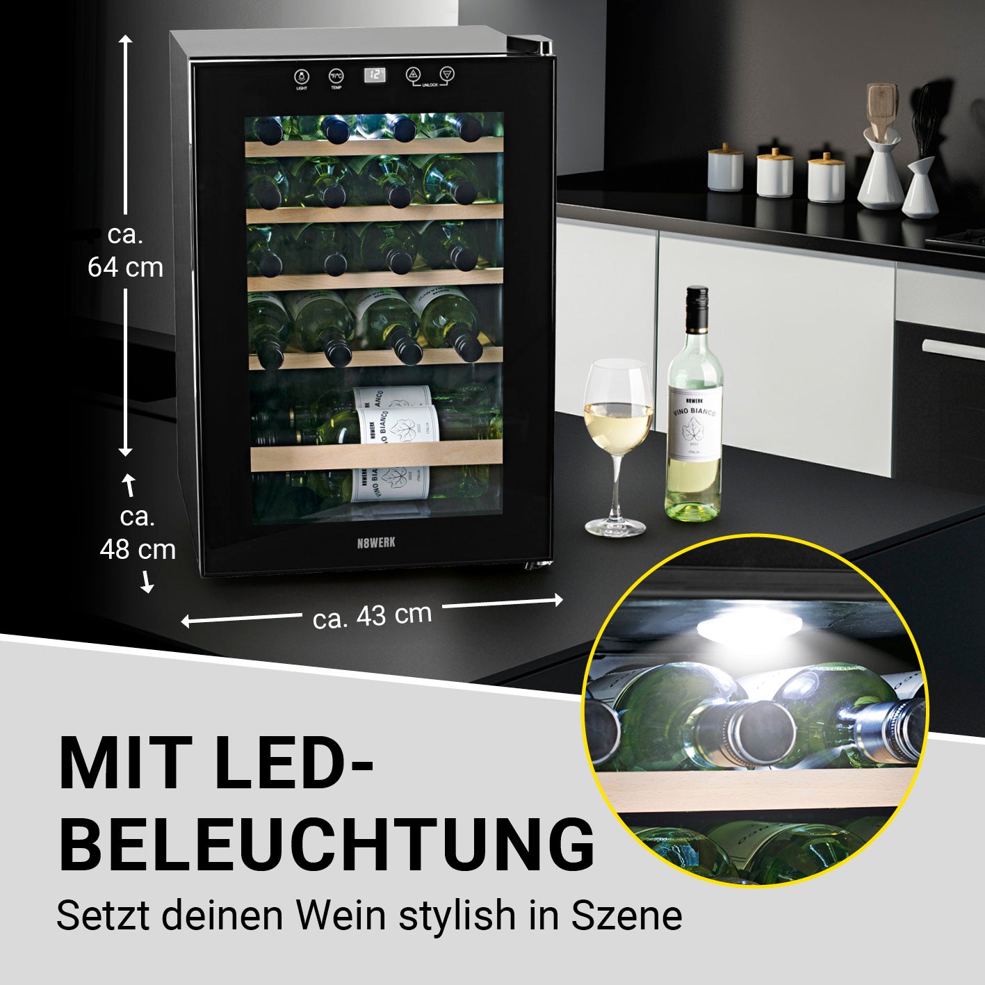 Weinkühlschrank - 20 Flaschen mit LED-Beleuchtung, freistehend, geräuscharm und temperaturgeregelte Kühlung für stilvolle Weinpräsentation.