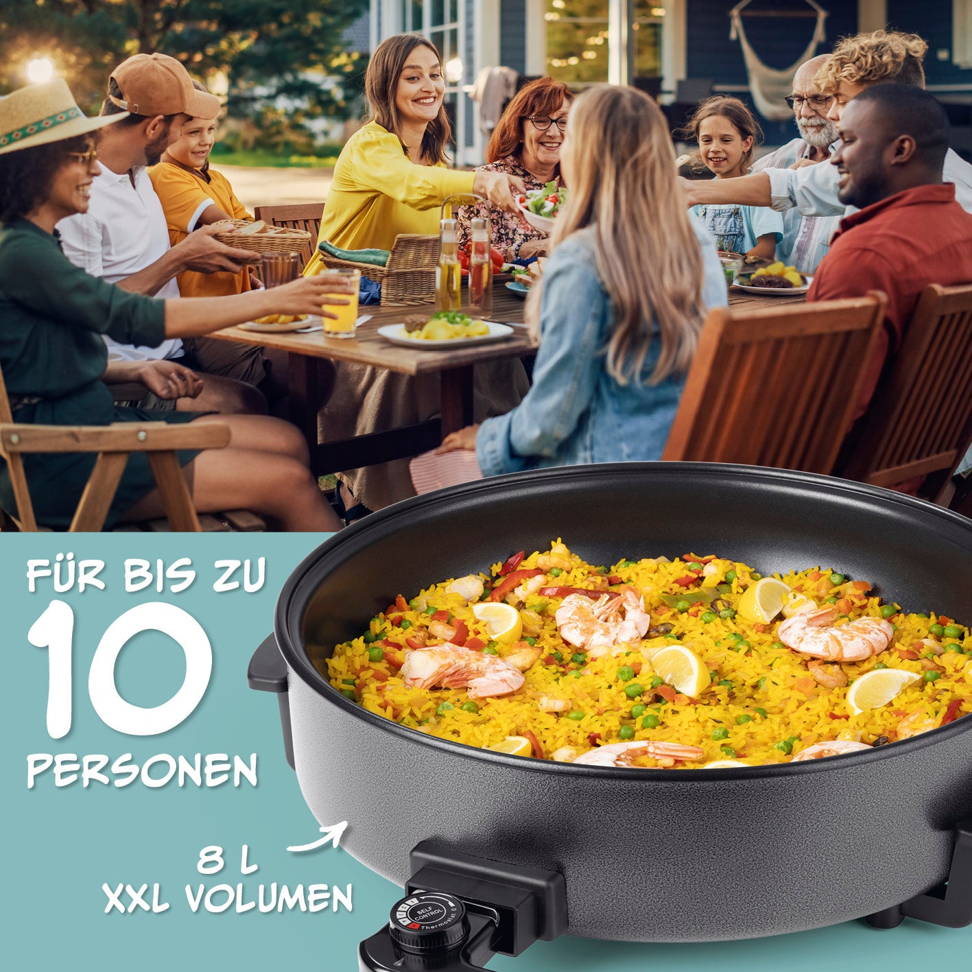 Elektrische Partypfanne - Ø 42 cm mit 8L Volumen ideal für Paella und große Gruppen bis zu 10 Personen beim Outdoor-Sommerkochen.