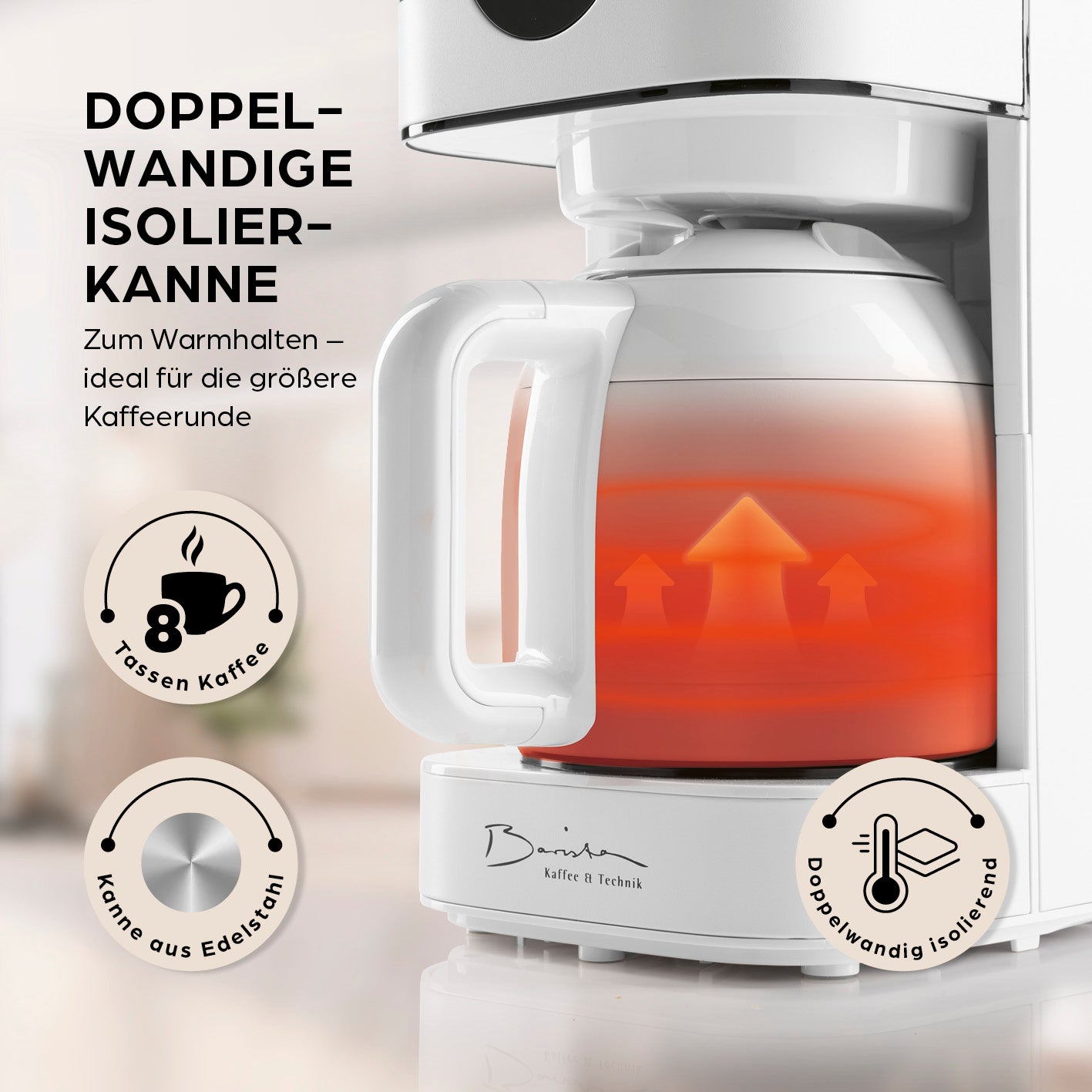 Filterkaffeemaschine Touch Iso - weiß mit doppelwandiger Edelstahl-Isolierkanne und 8 Tassen Kapazität für frischen Kaffee.