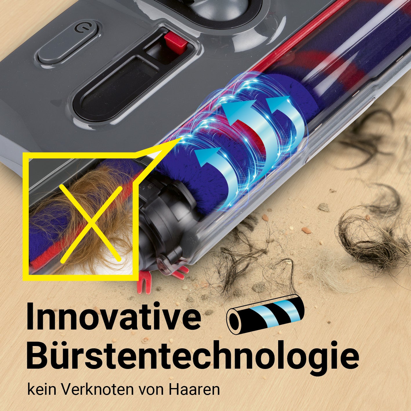 Akkubesen mit LED-Beleuchtung zeigt innovative Bürstentechnologie gegen Haarverknotung für effektive Reinigung.