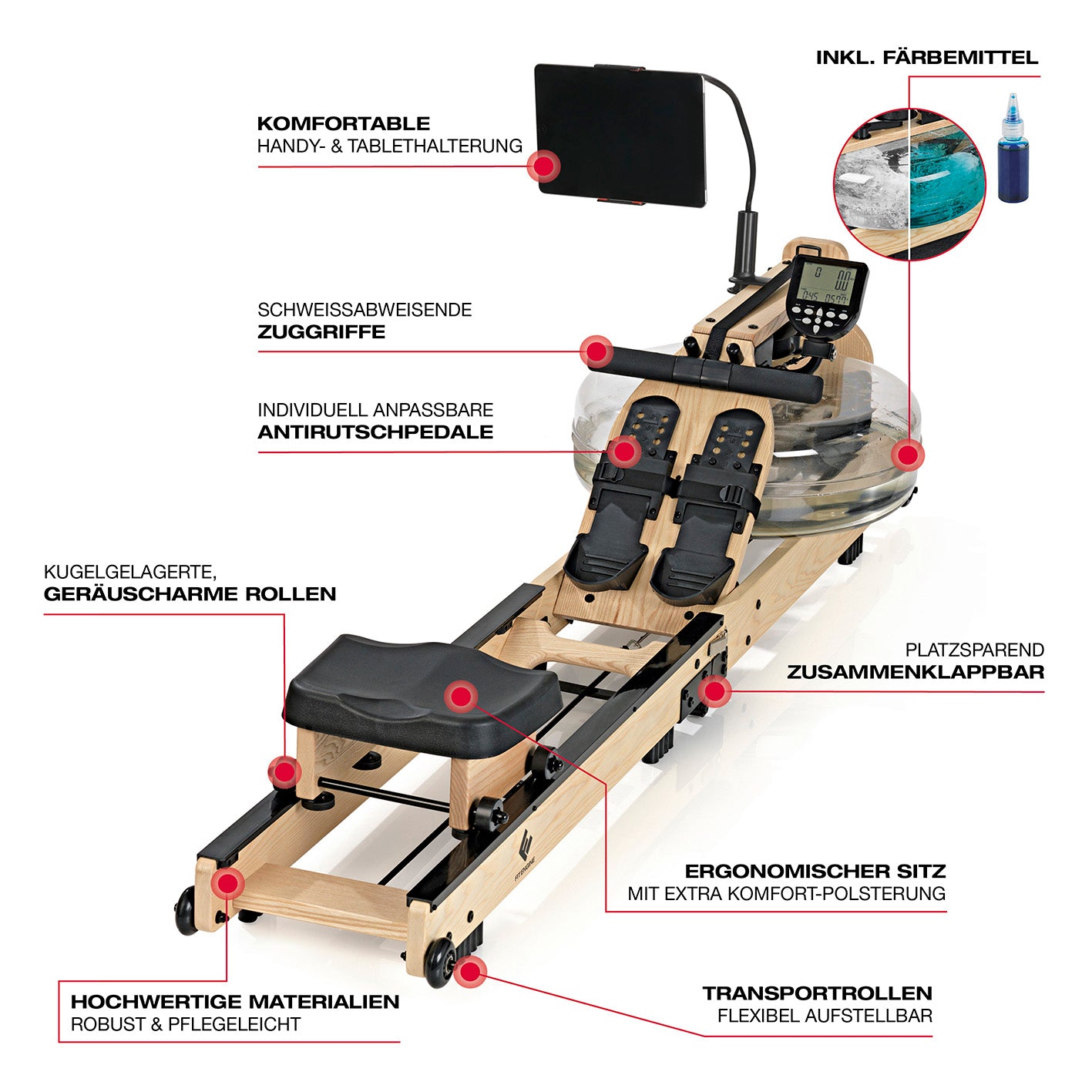 Rudergerät klappbar - regulierbarer Wasserwiderstand mit ergonomischem Sitz, Antirutschkufen, Display und platzsparendem Design.