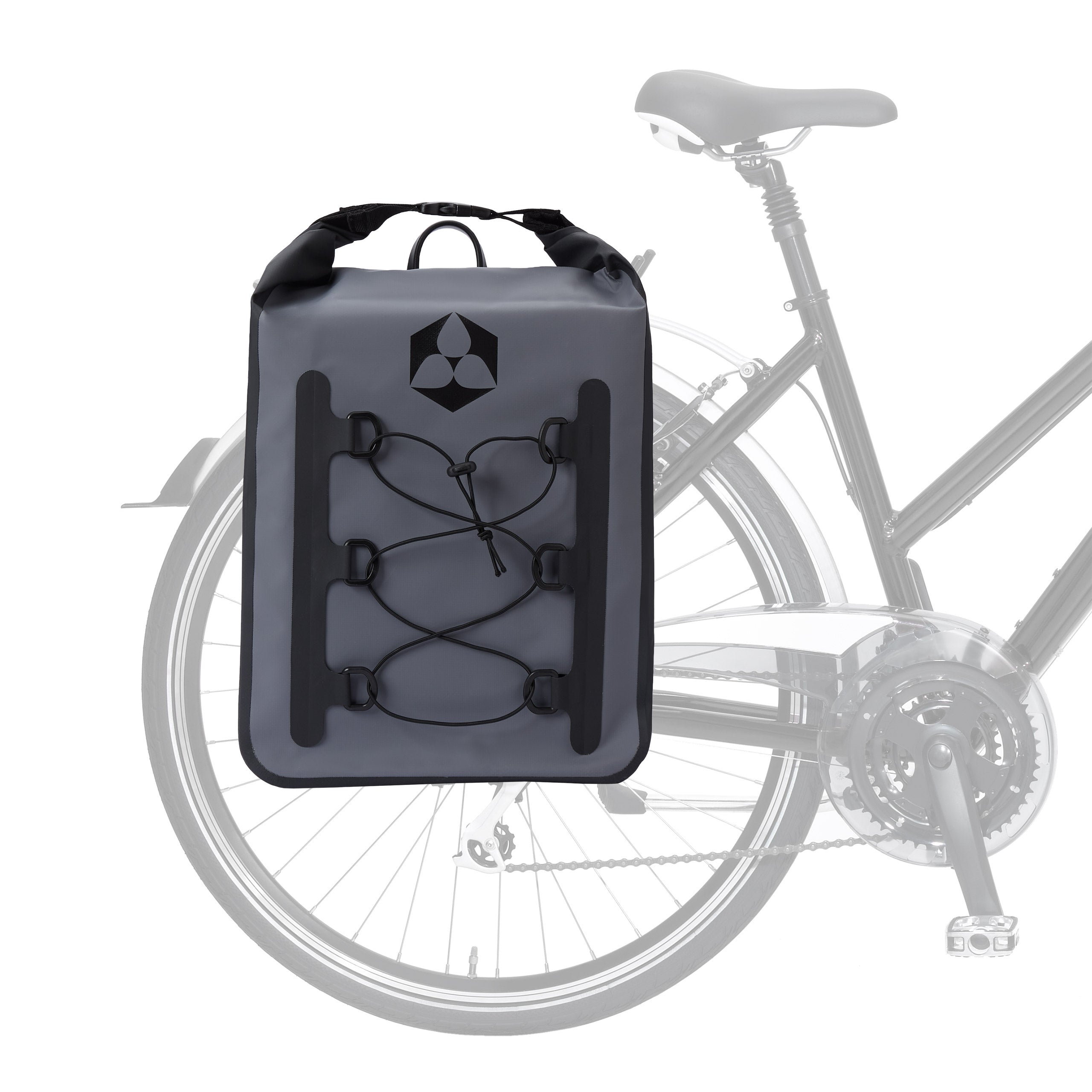 Fahrrad Gepäck Tasche wasserfest - Gepäckträger Packtasche 23L Grau mit reflektierenden Bändern, Schulterriemen und Tragegriff.